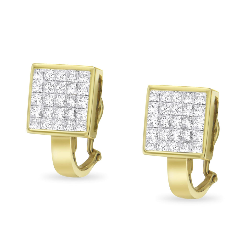 14K Yellow Gold 3-1/5 Cttw Princess Cut Diamond ¾ Square Invisible Set Grid Huggy Style Omega Back Stud Earrings (G-H Color, VS1-VS2 Clarity)-3