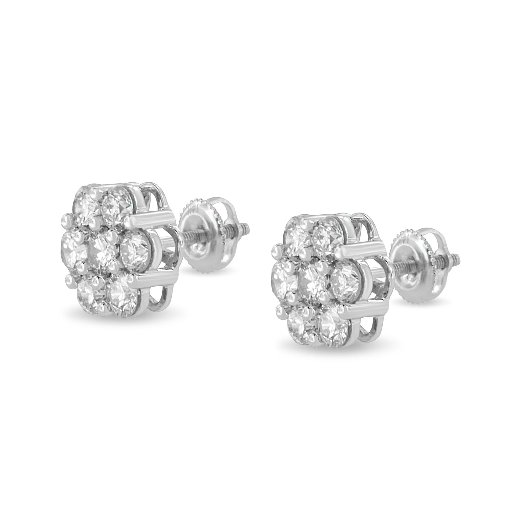 14K White Gold 3 cttw Prong Set Round-Cut Diamond Floral Cluster Stud Earring (I-J Color, SI1-SI2 Clarity)-3