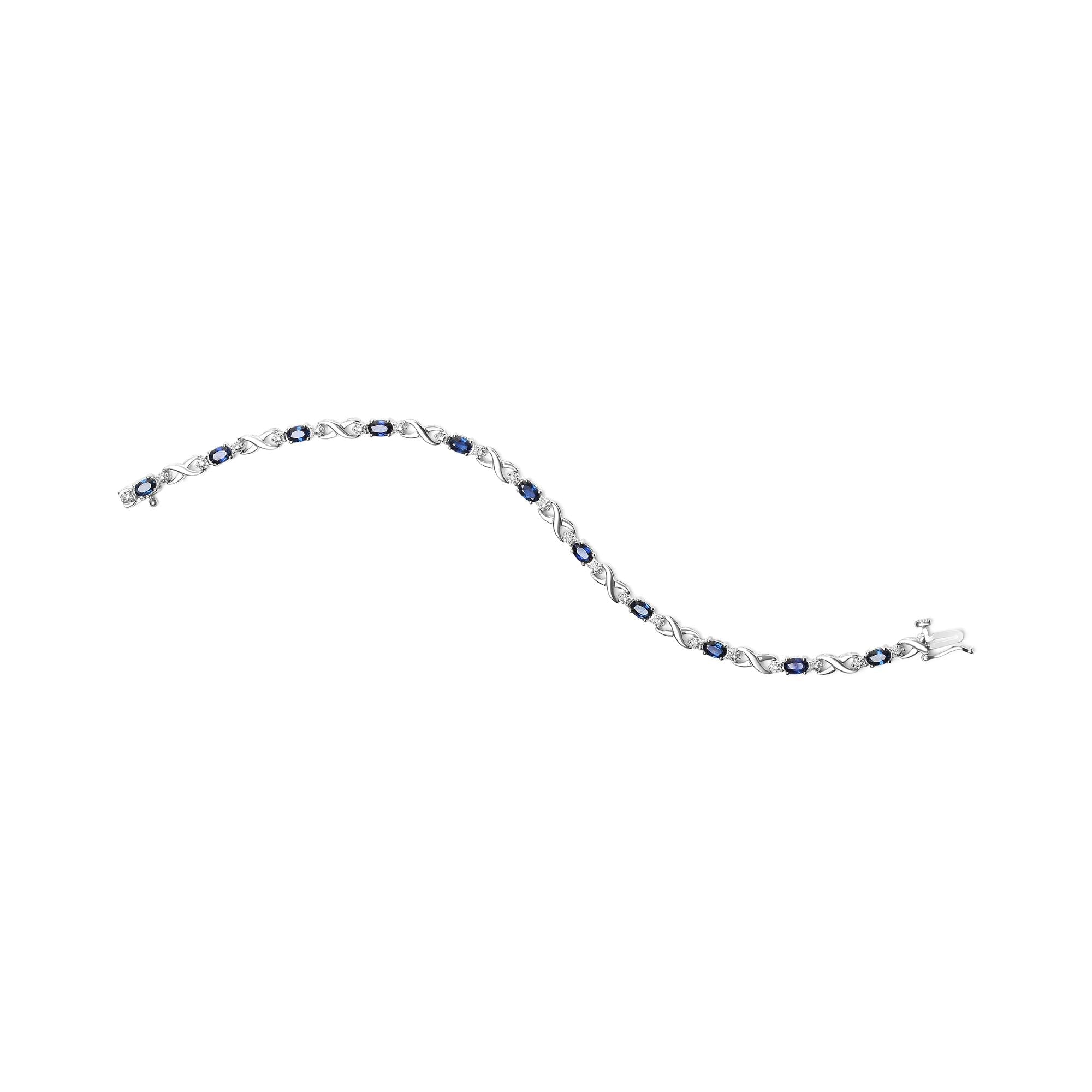 10K White Gold 5x4mm Oval Sapphire Gemstone and 1/10 Cttw Diamond Prong Set "X" Link Bracelet - Size 7" (H-I Color, SI1-SI2 Clarity)-3