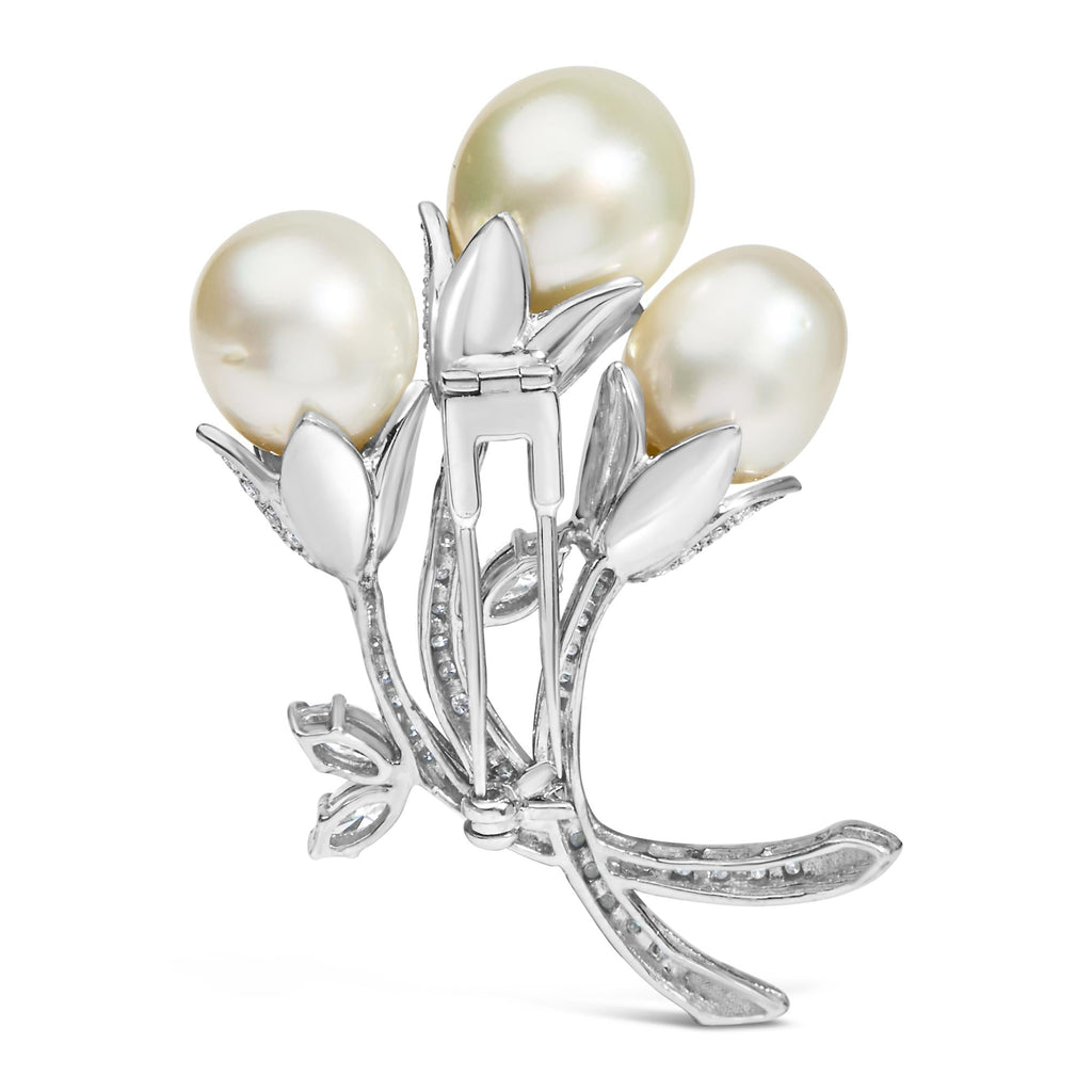 18K White Gold 2 1/5 Cttw Diamond and South Sea Pearl Floral Brooch Pin (G-H Color, VS1-VS2 Clarity)-3
