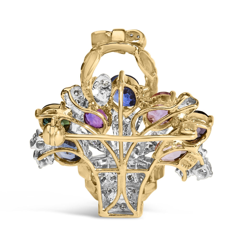 18K Yellow Gold 1 1/10 Cttw Diamond and Mixed Gemstone Floral Bouquet Pendant and Brooch Pin (G-H Color, VS1-VS2 Clarity)-3