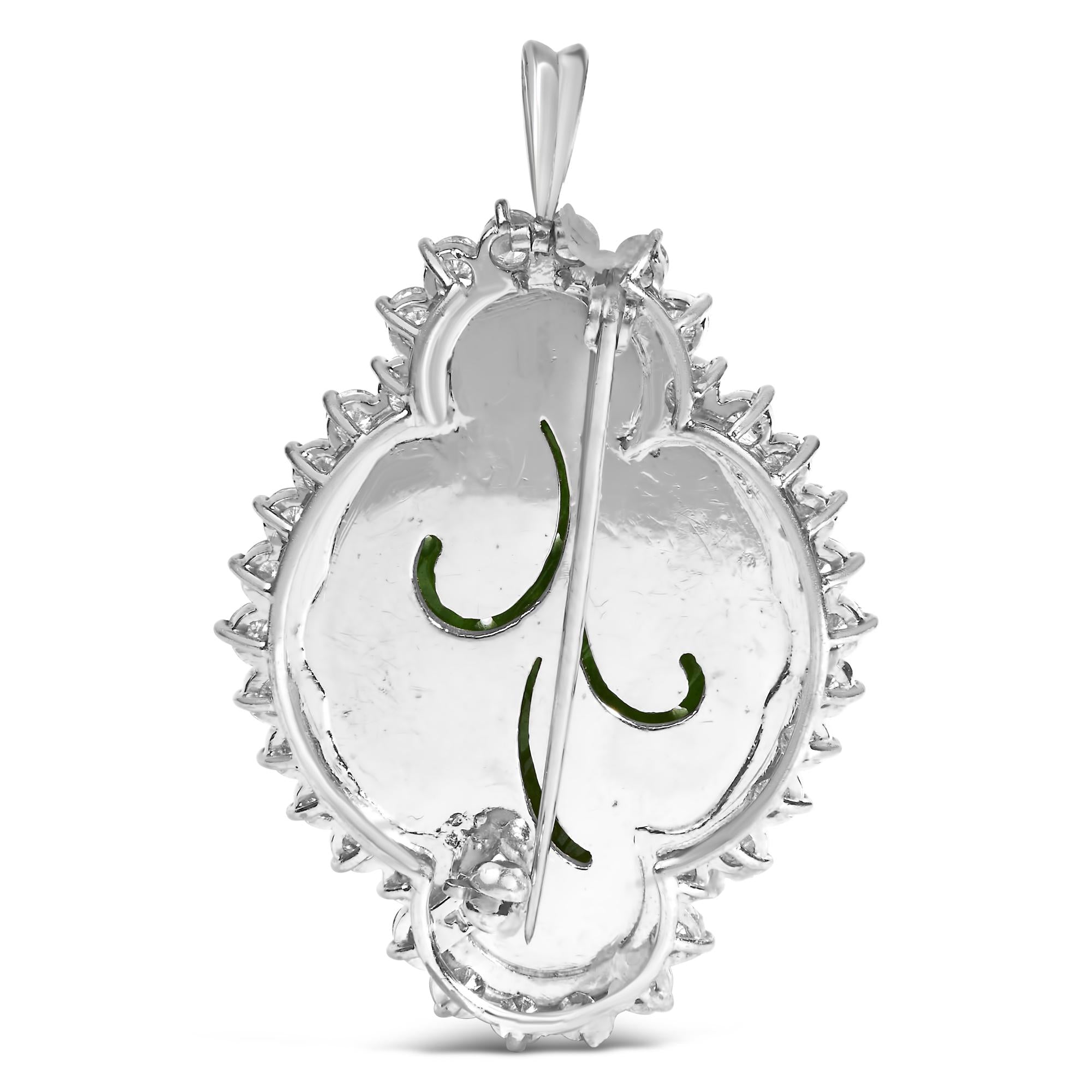 18K White Gold 2.00 Cttw Diamond Halo and Jade Shield Brooch Pin and Pendant (G-H Color, VS1-VS2 Clarity) CHAIN NOT INCLUDED-3