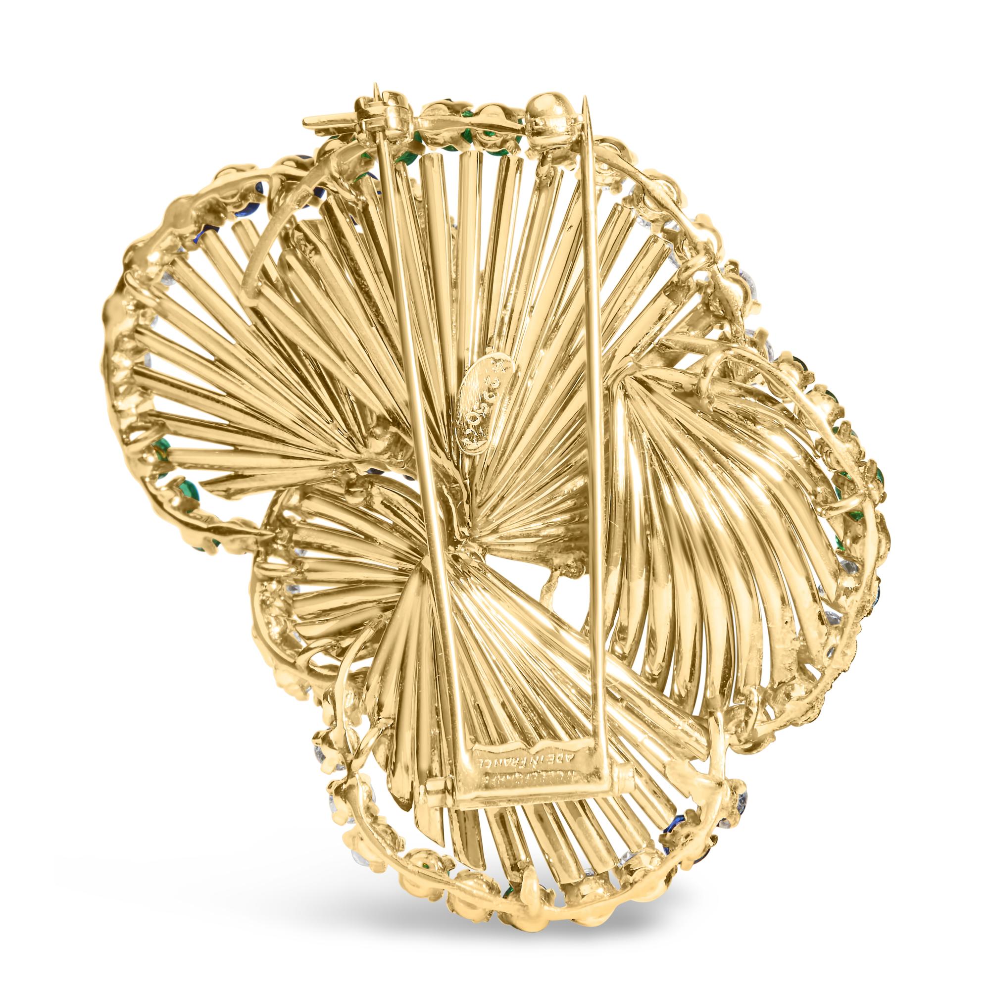 18K Yellow Gold 2 1/3 Cttw Diamond, Sapphire, and Emerald Sculpted Petal Brooch Pin (G-H Color, VS1-VS2 Clarity)-3