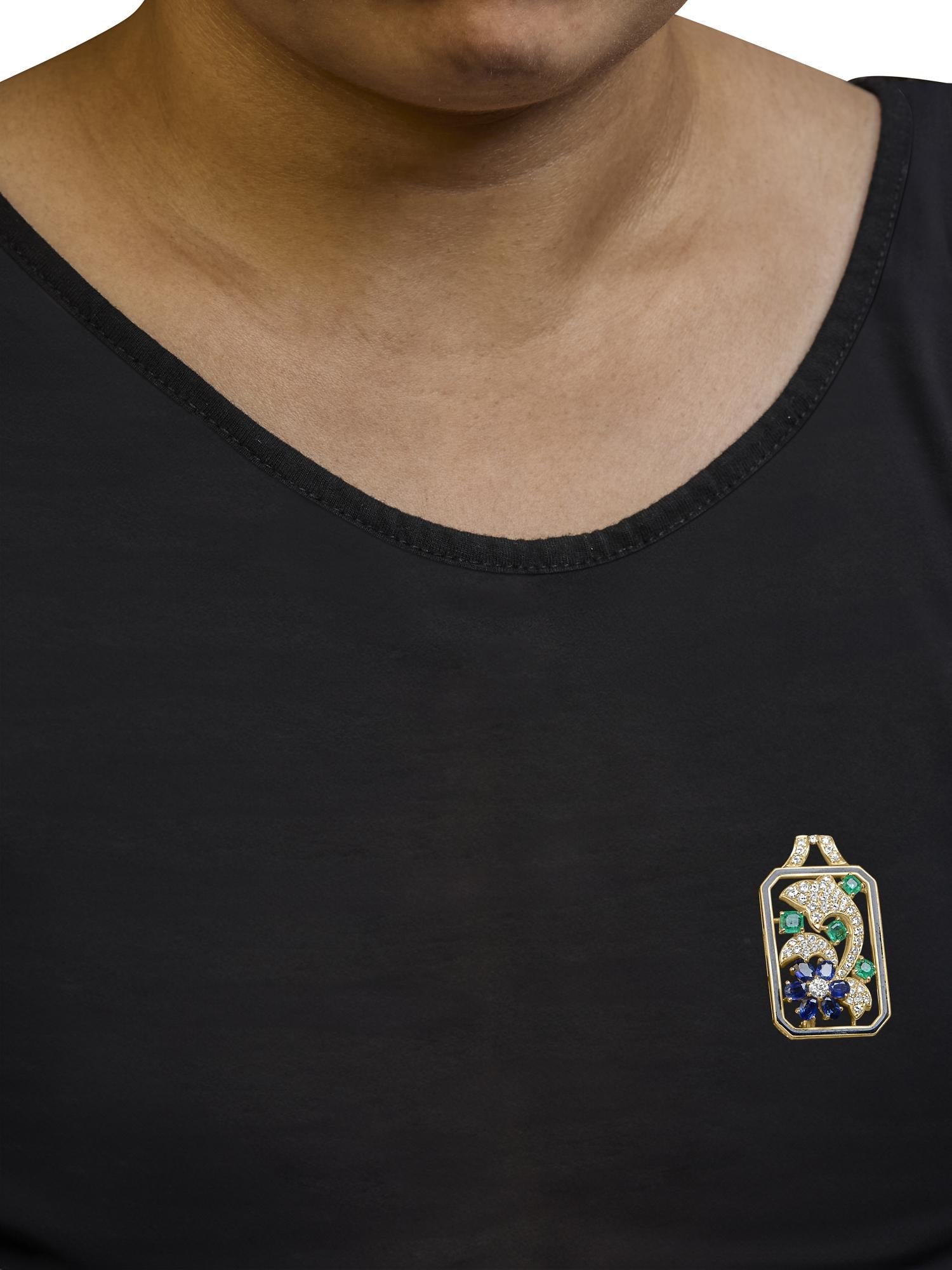 18K Yellow Gold 2 1/3 Cttw Diamond, Sapphire, and Emerald Dog Tag with Dolphin Silhouette Convertible 18" Pendant Necklace and Brooch (G-H Color, SI1-SI2 Clarity)-3