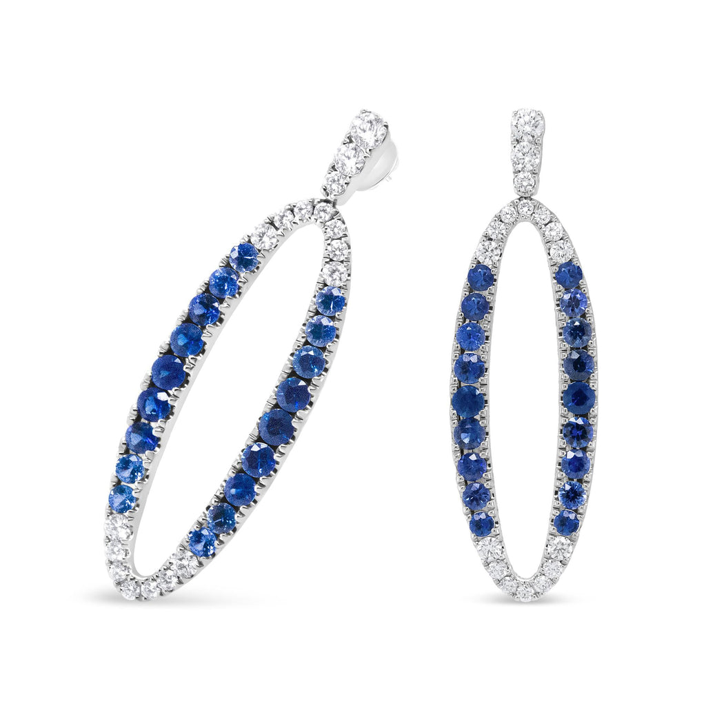 18K White Gold 1.11 Cttw Blue Round Diamond and Blue Sapphire Openwork Oval Shaped Dangle Earrings (F-G Color, VS1-VS2 Clarity)-3