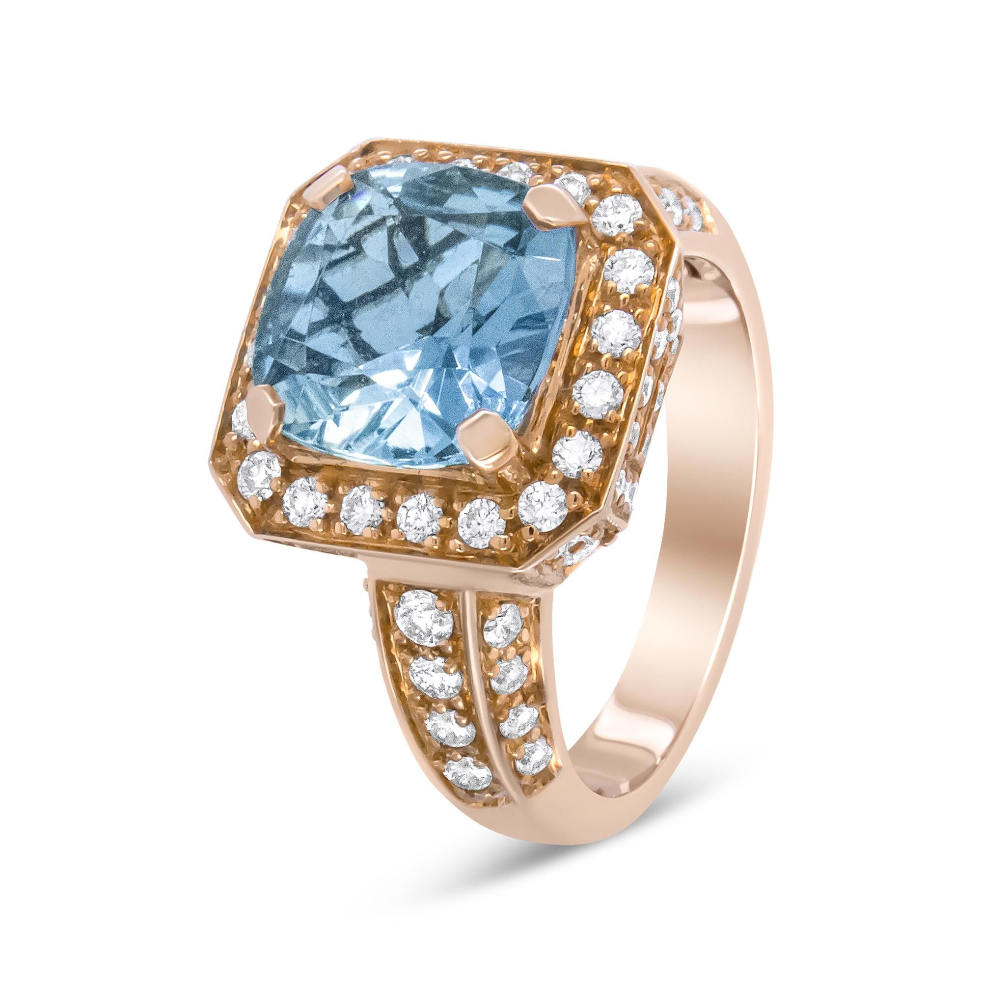18K Rose Gold 10x10mm Cushion Shaped Aquamarine and 1 1/8 Cttw Round Diamond Halo Ring (F-G Color, VS1-VS2 Clarity)-3