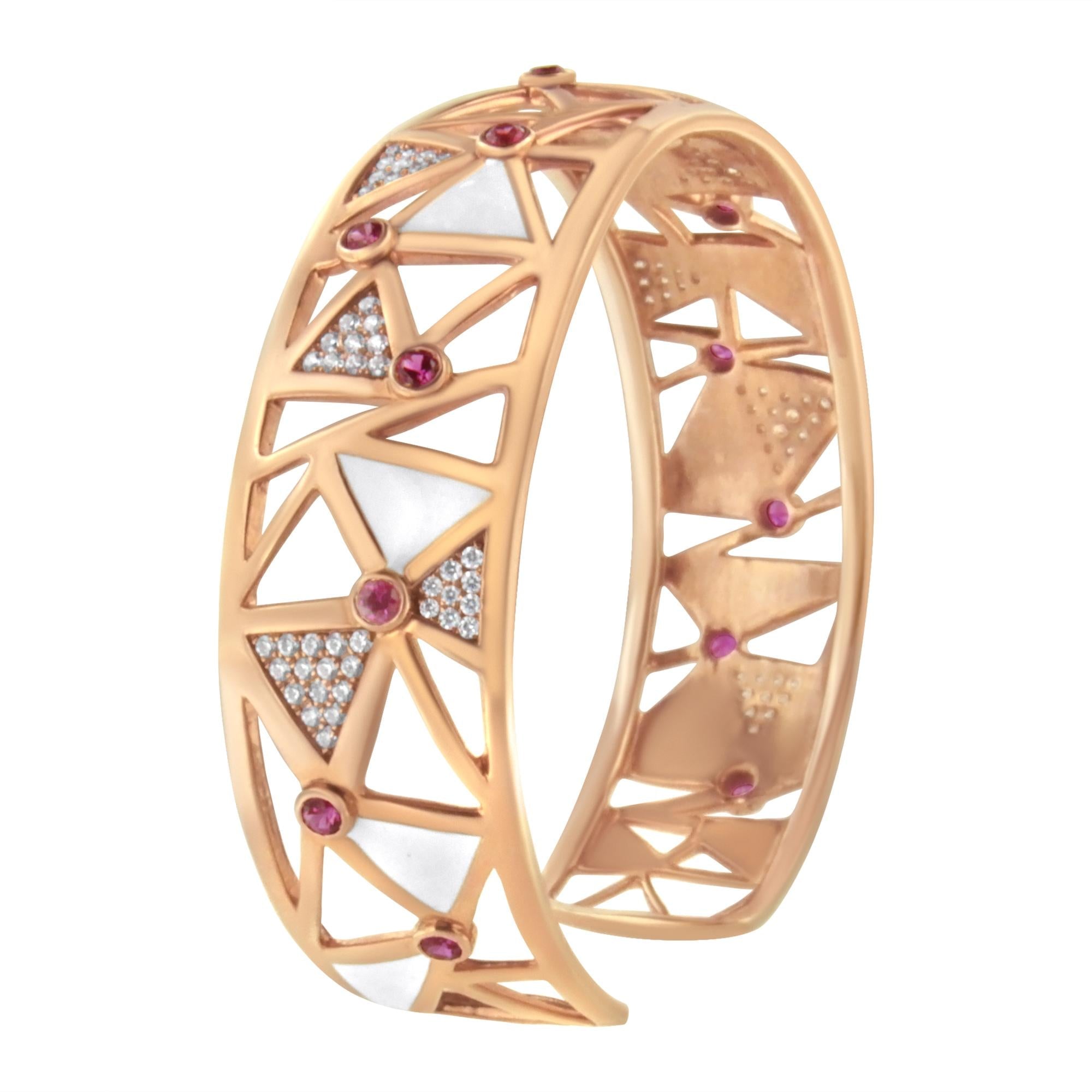 14K Rose Gold 5/8 Cttw Diamond with Pink Tourmaline Open Cuff Bangle with White Enamel (G-H Color, SI1-SI2 Clarity) - 7"-3