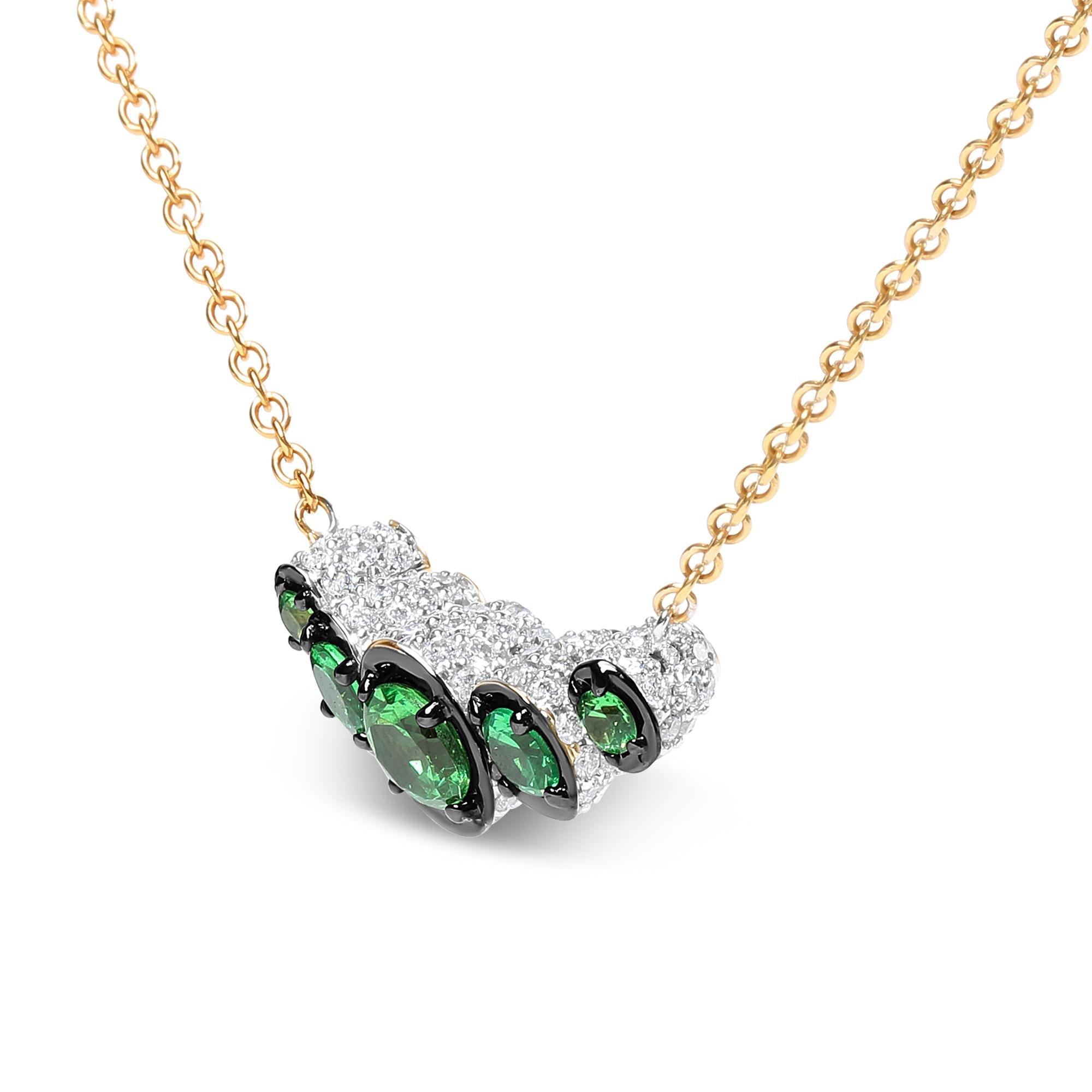 18K Rose Gold 3/4 Cttw Pave Diamonds and Graduated Green Tsavorite Gemstone Curved Bar Choker Necklace (G-H Color, SI1-SI2 Clarity) - Adjustable up to 14" - 16.5"-3