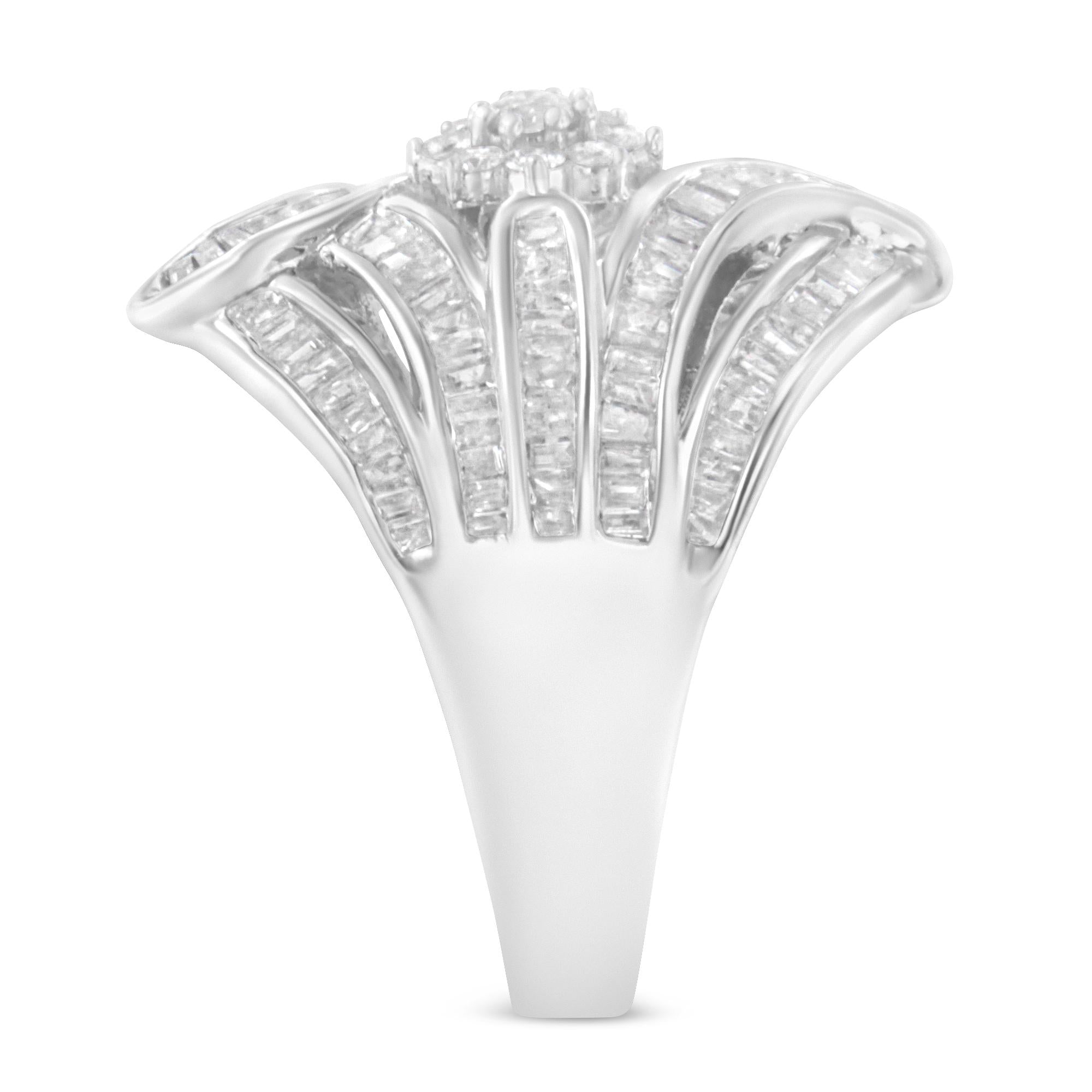 .925 Sterling Silver 1-1/8 Cttw Round & Baguette Diamond 'Flower & Fern' Cluster Cocktail Fashion Ring (I-J Color, I2-I3 Clarity)-4