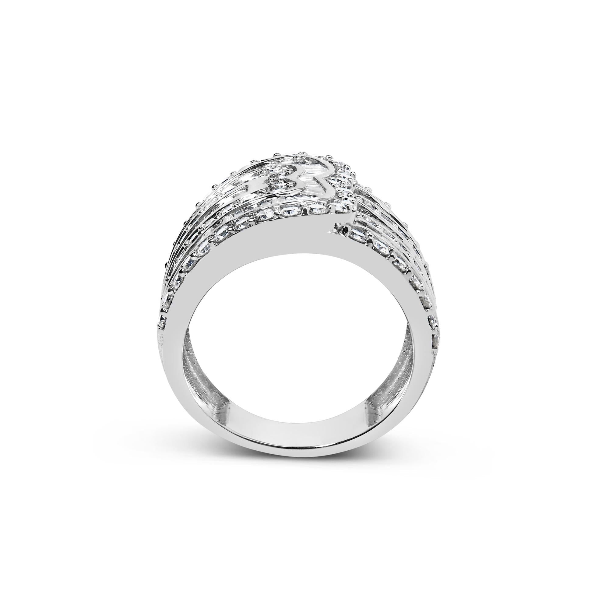 10K White Gold 2 1/2 Cttw Round and Baguette-Cut Diamond Multi-Row Bypass Ring (J-K Color, I2-I3 Clarity)-4