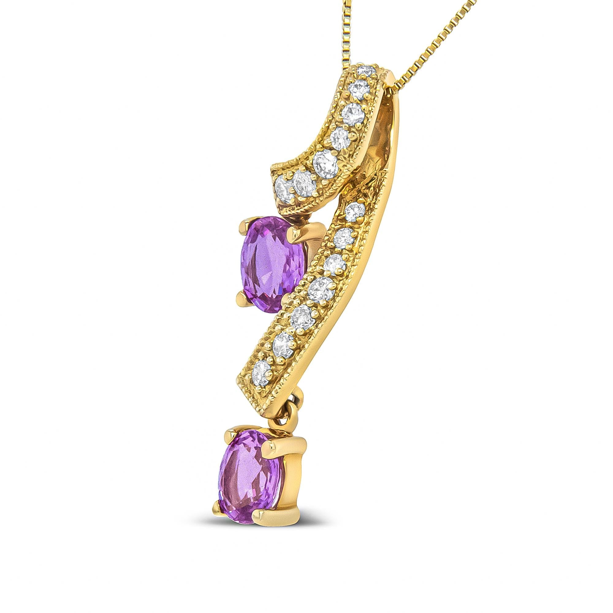 14K Yellow Gold 6x4mm Oval Pink Sapphire and 1/5 Cttw Round Diamond Pendant Necklace - (H-I Color, SI1-SI2 Clarity)-4