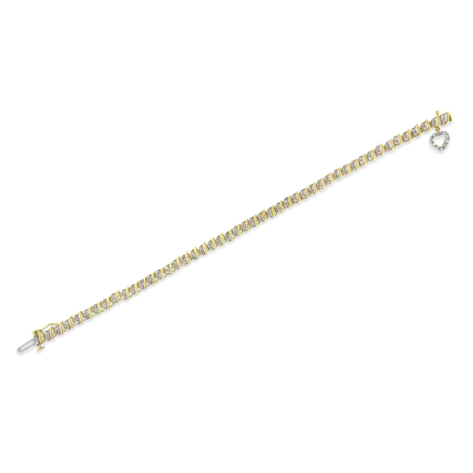 10K Yellow Gold 2.0 Cttw Diamond 2 Row Link and Heart Charm 7" Link Bracelet (I-J Color, I3 Clarity)-4