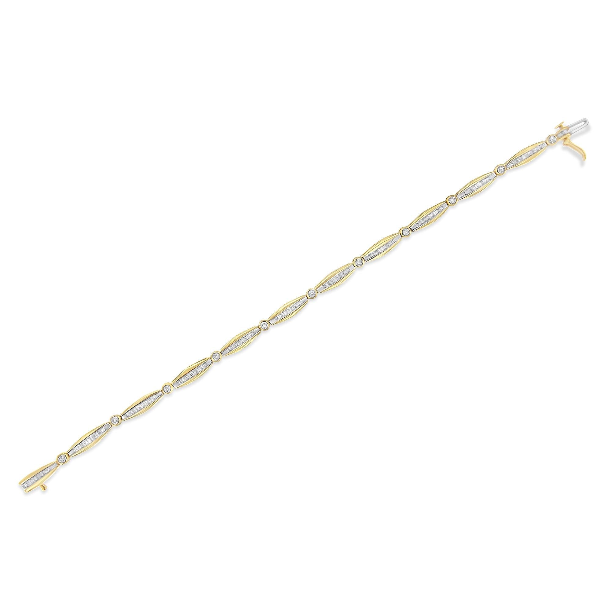 14K Yellow Gold 1-1/2 Cttw Round Brilliant-Cut & Baguette Cut Diamond Bezel and Tapered Link 7" Tennis Bracelet (H-I Color, I1-I2 Clarity)-4