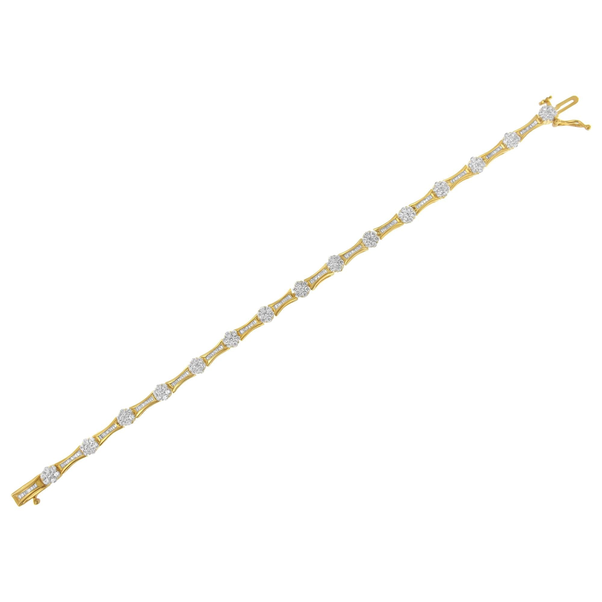 10K Yellow and White Gold 2.00 cttw Round and Baguette-Cut Diamond Link Bracelet (I-J Color, I2-I3 Clarity) - Size 7.25"-4
