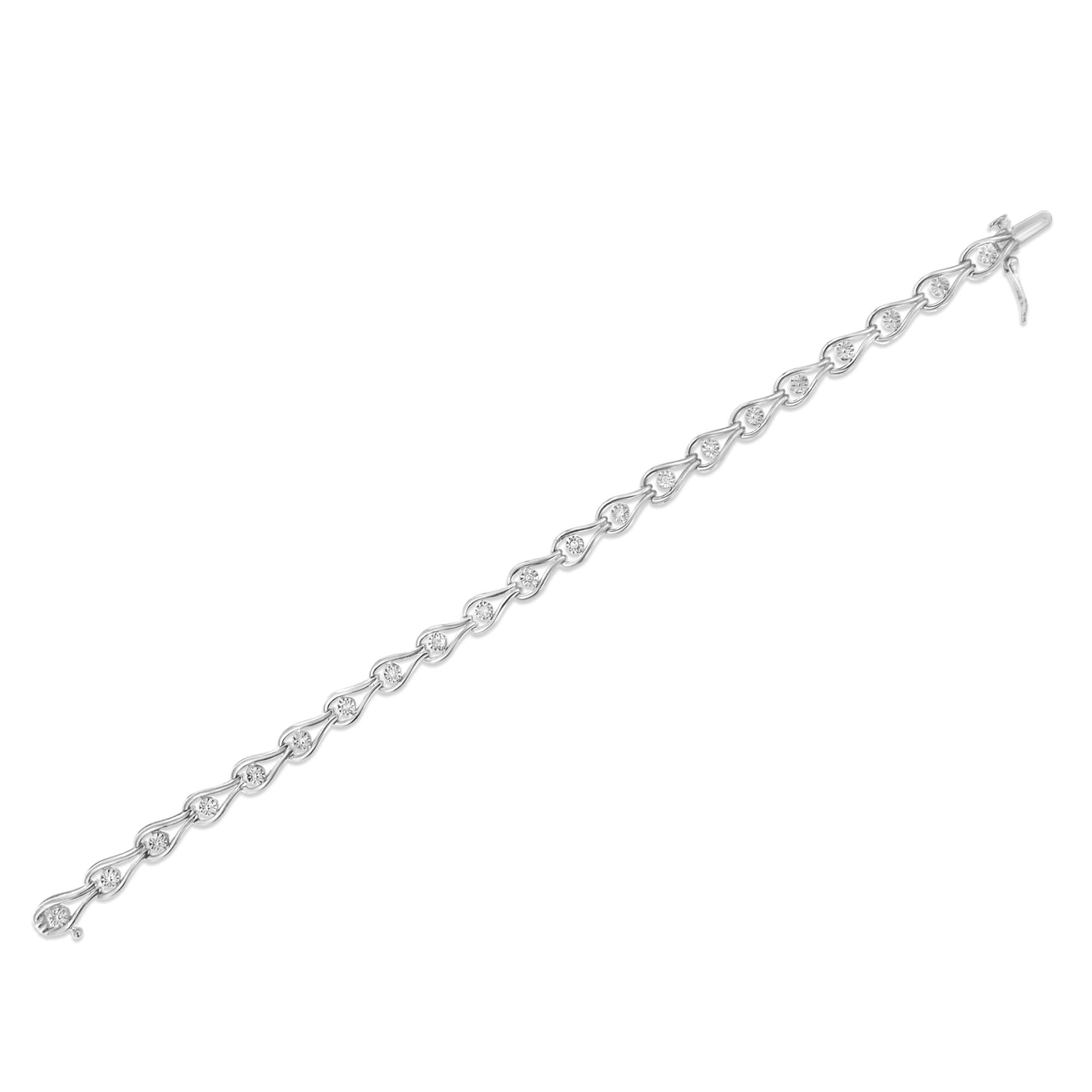 .925 Sterling Silver 1/10 Cttw Miracle-Set Diamond Pear Shape and Bezel Link Bracelet (I-J Color, I3 Clarity) - 7.25"-4