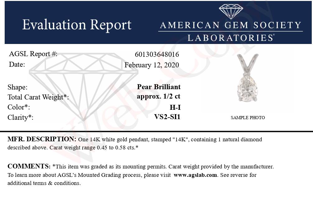 AGS Certified 14K White Gold 1/2 Cttw Diamond Pear 18" Pendant Necklace (H-I Color, VS2-SI1 Clarity)-4