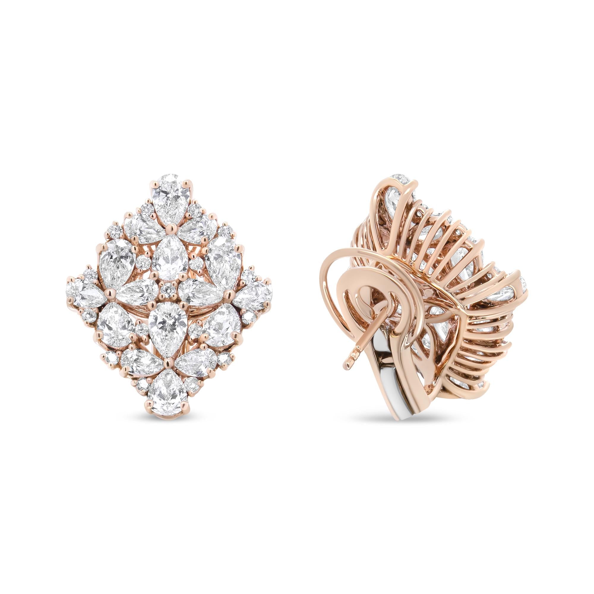 18K Rose Gold 8 1/3 Cttw Pear and Round Diamond Floral Cluster Omega Earrings (F-G Color, VS1-VS2 Clarity)-4