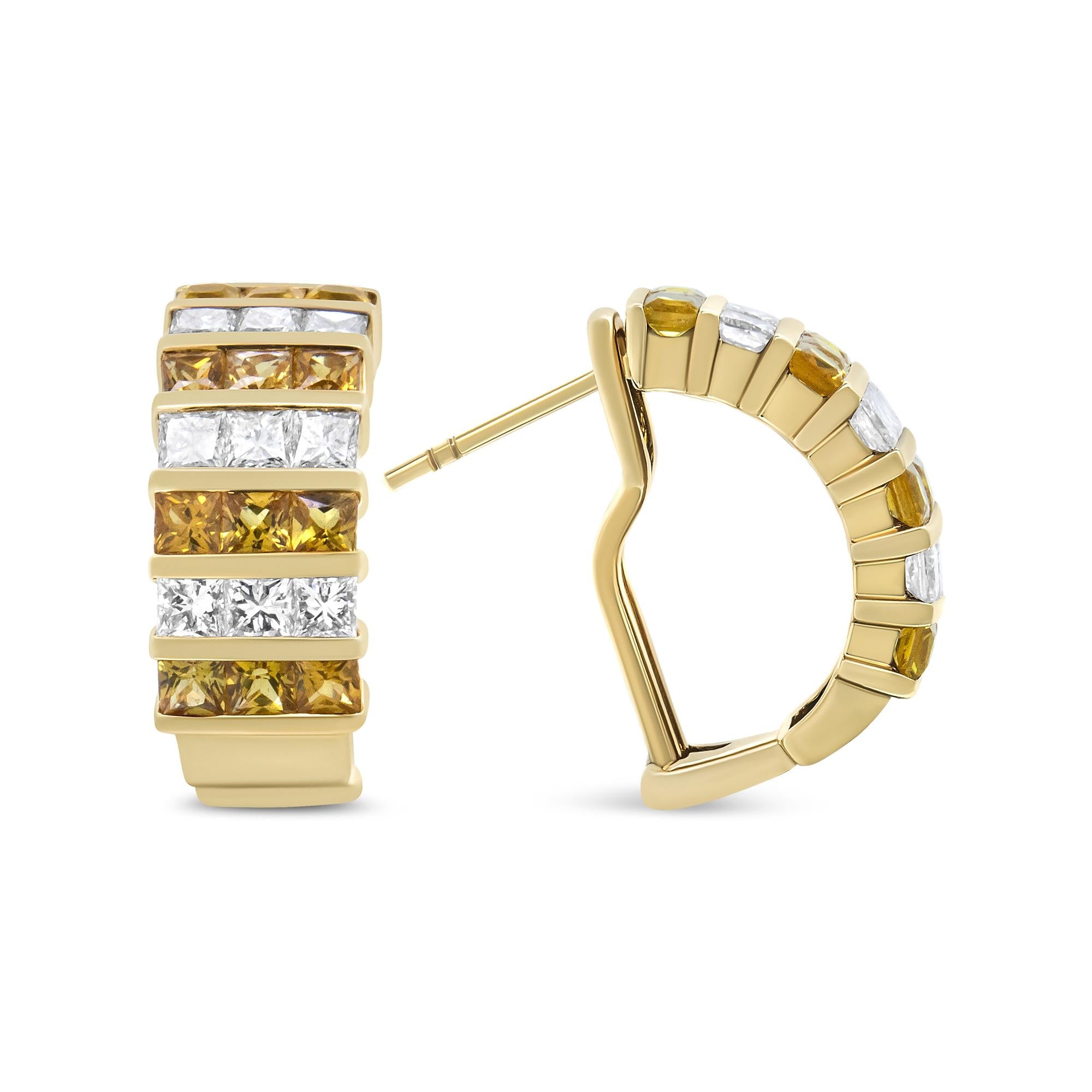 18K Yellow Gold 1 3/4 Cttw Invisible Set Princess Cut Diamond and 2.5mm Yellow Sapphire Huggie Hoop Earrings (F-G Color, VS1-VS2 Clarity)-4