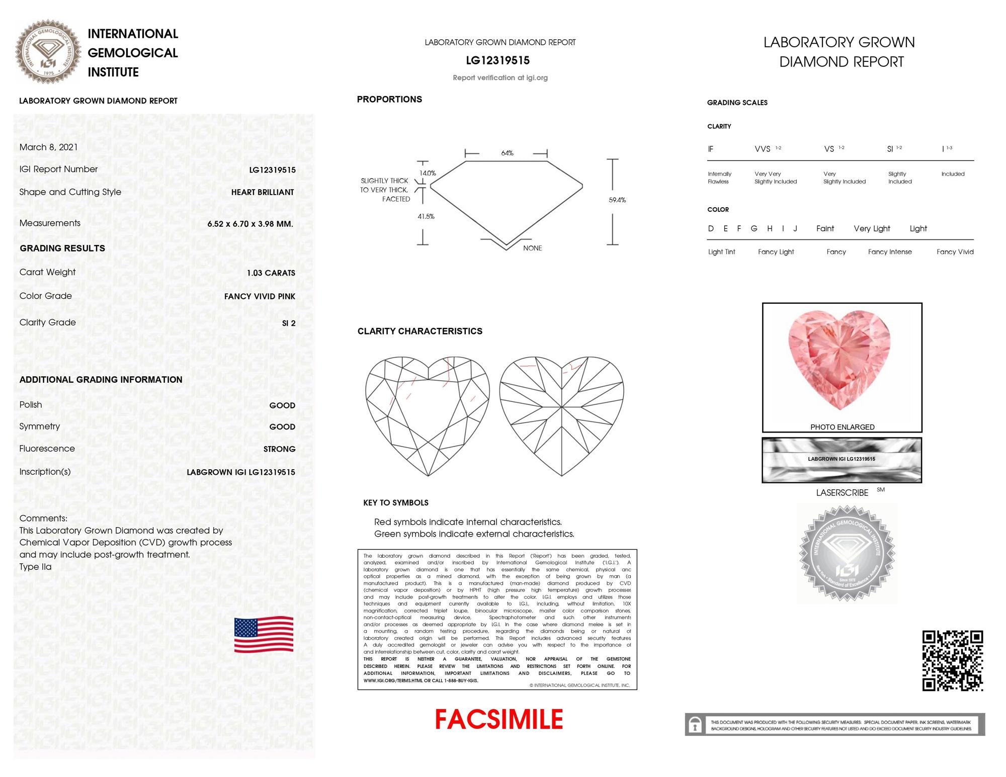 IGI Certified 14K White Gold Martini Set 1.00 Cttw Lab Grown Pink Heart Diamond Solitaire 18" Pendant Necklace (Pink Color, SI2 Clarity)-3