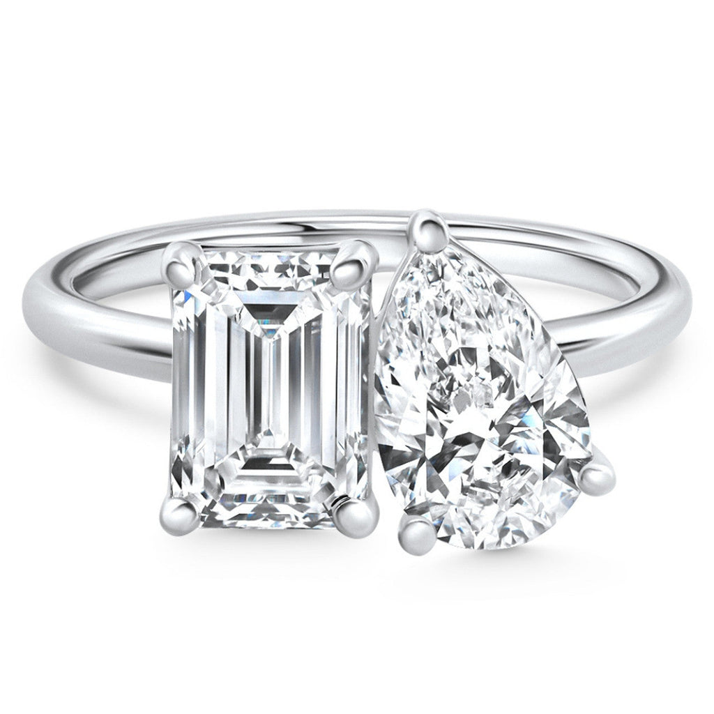 AGI Certified 3.50 CTW Toi Et Moi Lab Grown Diamond Ring in Pear & Emerald Cut 14K White Gold-1