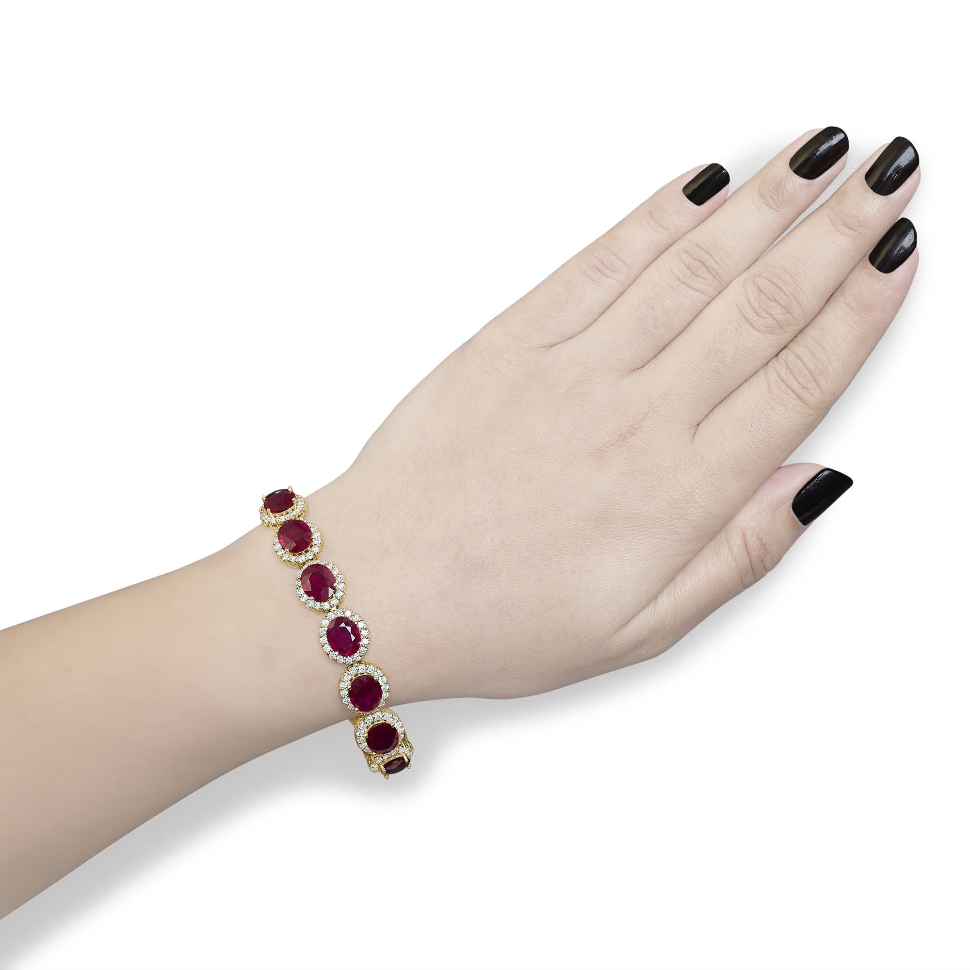 14K Yellow Gold 6 2/5 Cttw Diamond and 34.0 Cttw Oval Red Ruby Halo Link Bracelet (I-J Color, SI1-SI2 Clarity) - 7.25" Inches-3