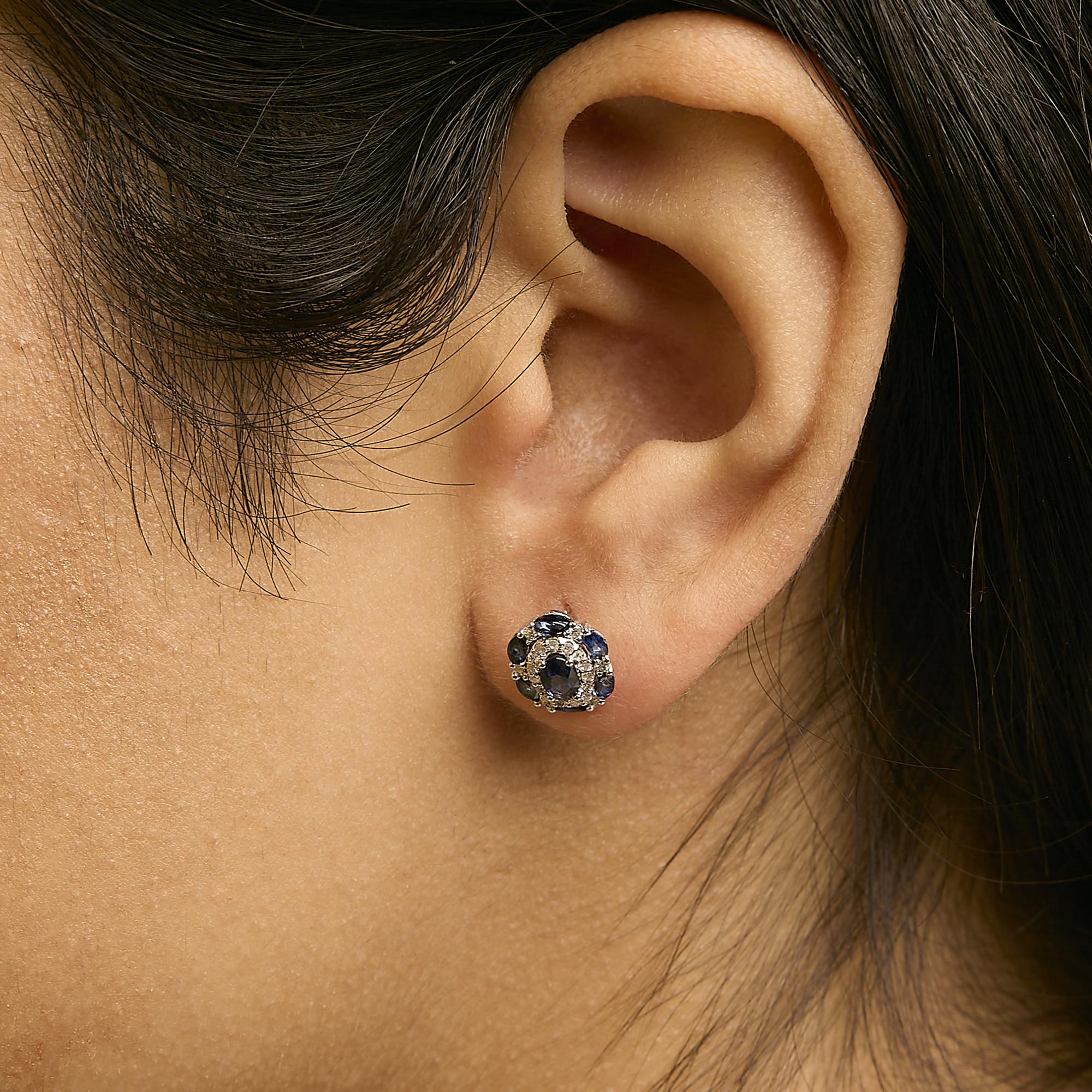 14K White Gold Blue Sapphire and Diamond Vintage Style Stud Earrings (G-H Color, SI2-I1 Clarity)-3