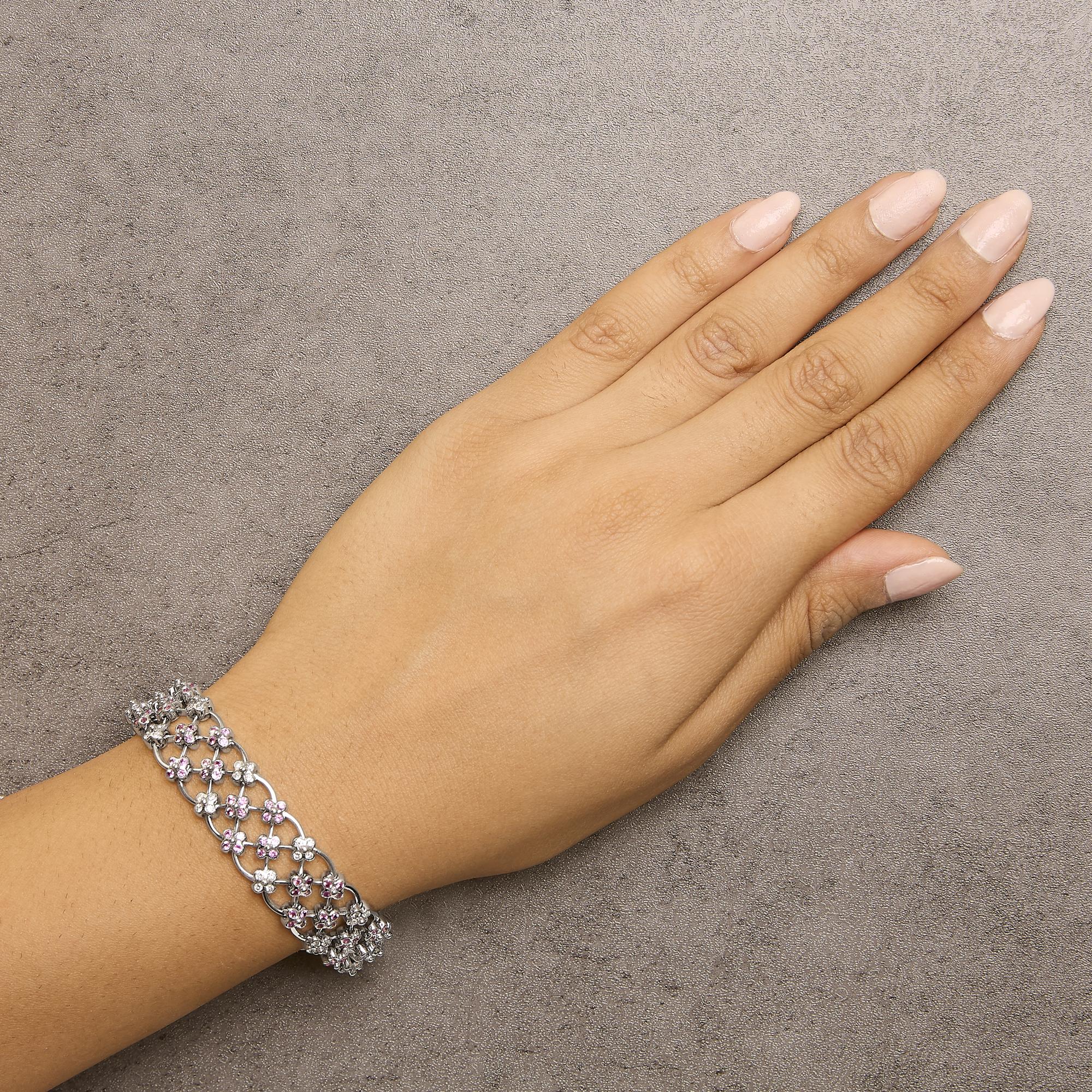 14K White Gold Pink Sapphire and Diamond Floral Lattice Link Bracelet - 7.25" Inches-3