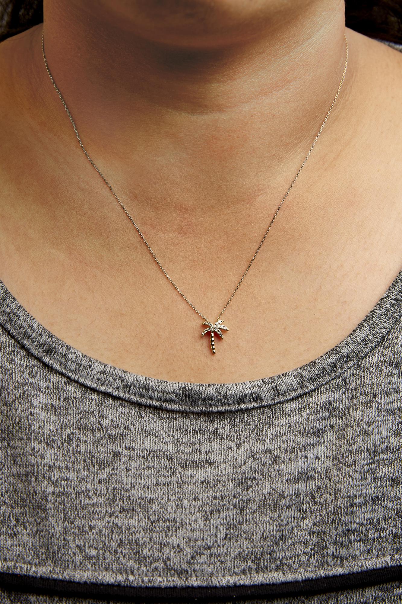 10K Yellow Gold 1/10 Cttw Round Diamond Palm Tree 18" Inch Pendant Necklace (H-I Color, I1-I2 Clarity)-3