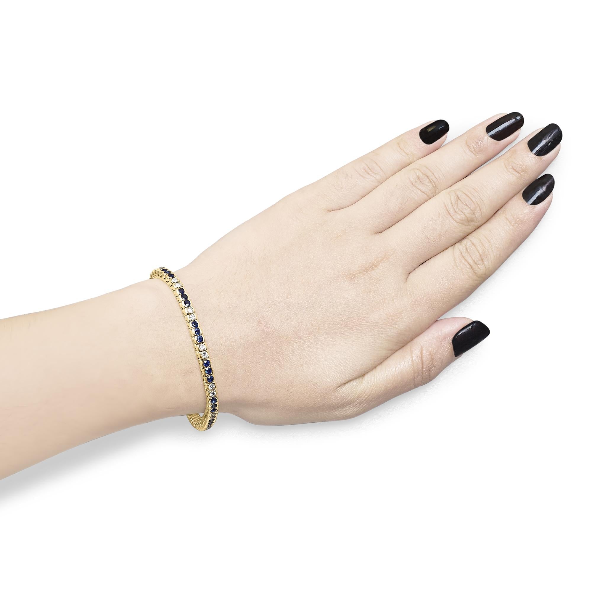 14K Yellow Gold 1 3/4 Cttw Diamond and 5.0 Cttw Blue Sapphire Bezel Set Tennis Bracelet (G-H Color, SI1-SI2 Clarity) - 7" Inches-3