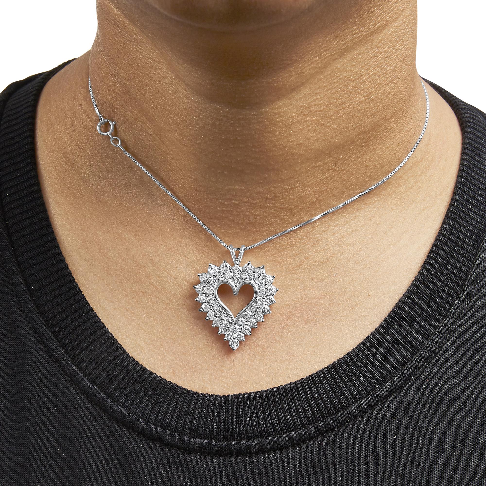 925 Sterling Silver 4.0 Cttw Diamond Two Row Open Heart 18" Pendant Necklace (I-J Color, I2-I3 Clarity)-3