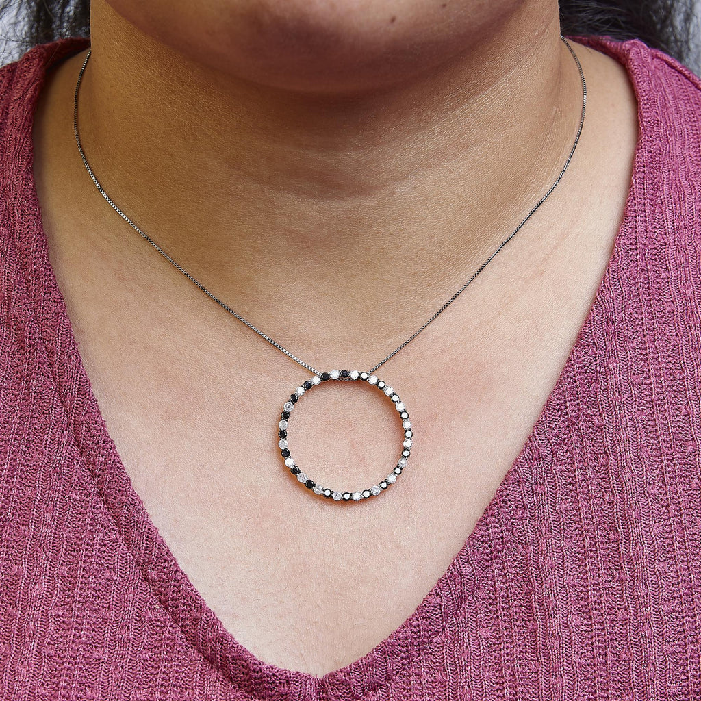 .925 Sterling Silver 2.0 Cttw Alternating Black and White Diamond Open Hoop Circle Pendant Necklace (H-I Color, I2-I3 Clarity) - 18" Inches-3