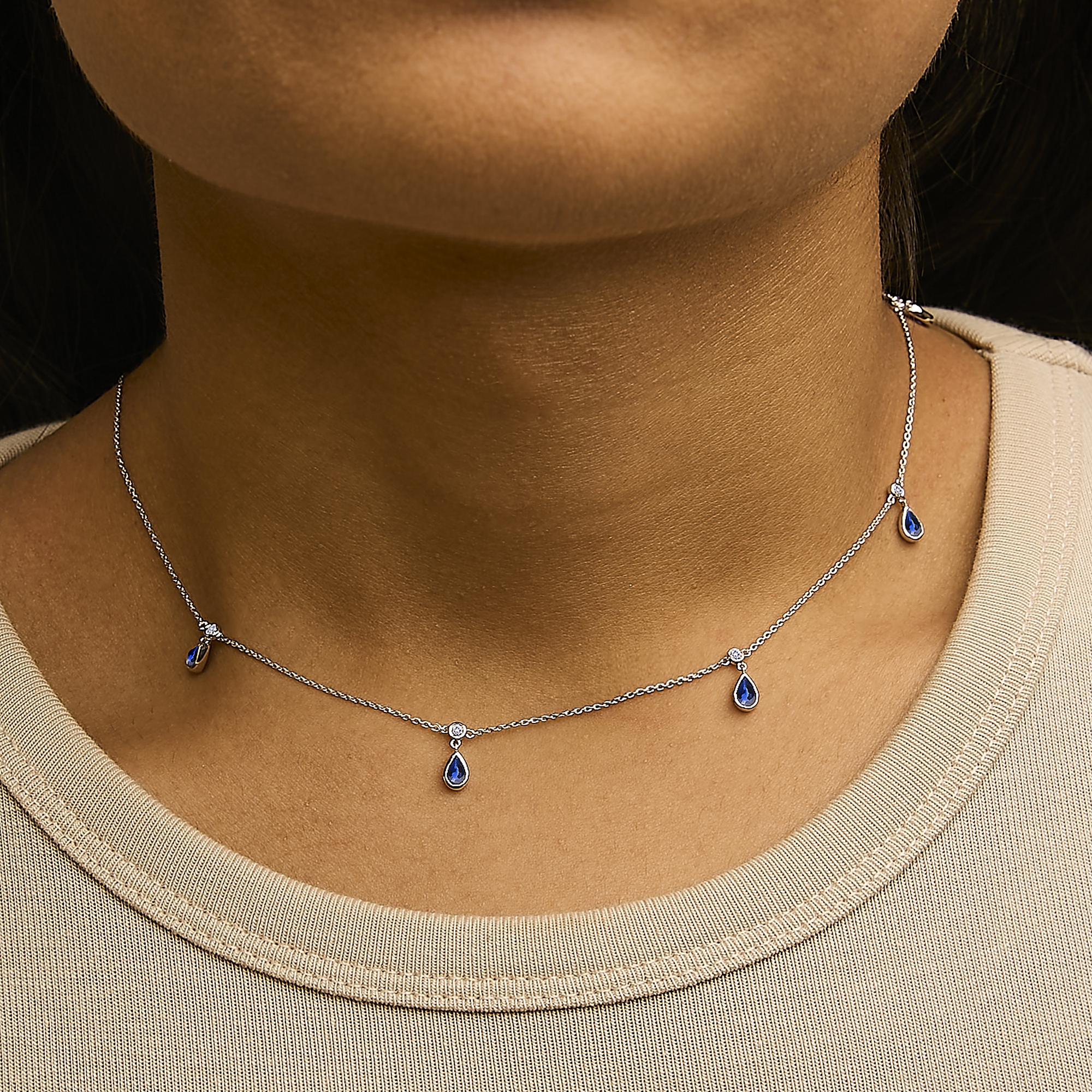10K White Gold Dangling 5x3 mm Pear Blue Sapphire and Diamond Station Necklace - 18" Inches-3