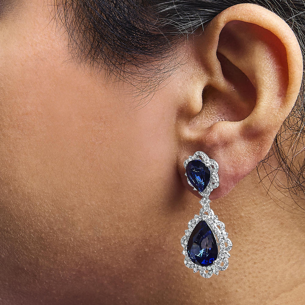 18K White Gold Blue Sapphire and Diamond 2.00 Cttw Diamond Halo Drop and Dangle Earring (G-H Color, SI1-SI2 Clarity)-3