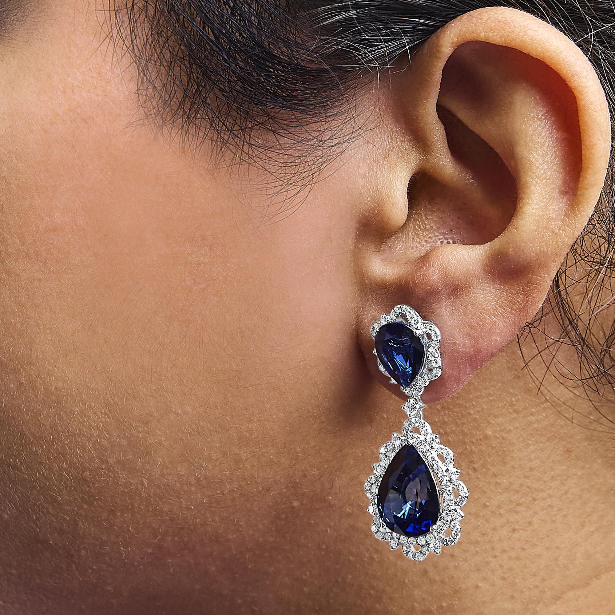18K White Gold Blue Sapphire and Diamond 2.00 Cttw Diamond Halo Drop and Dangle Earring (G-H Color, SI1-SI2 Clarity)-3