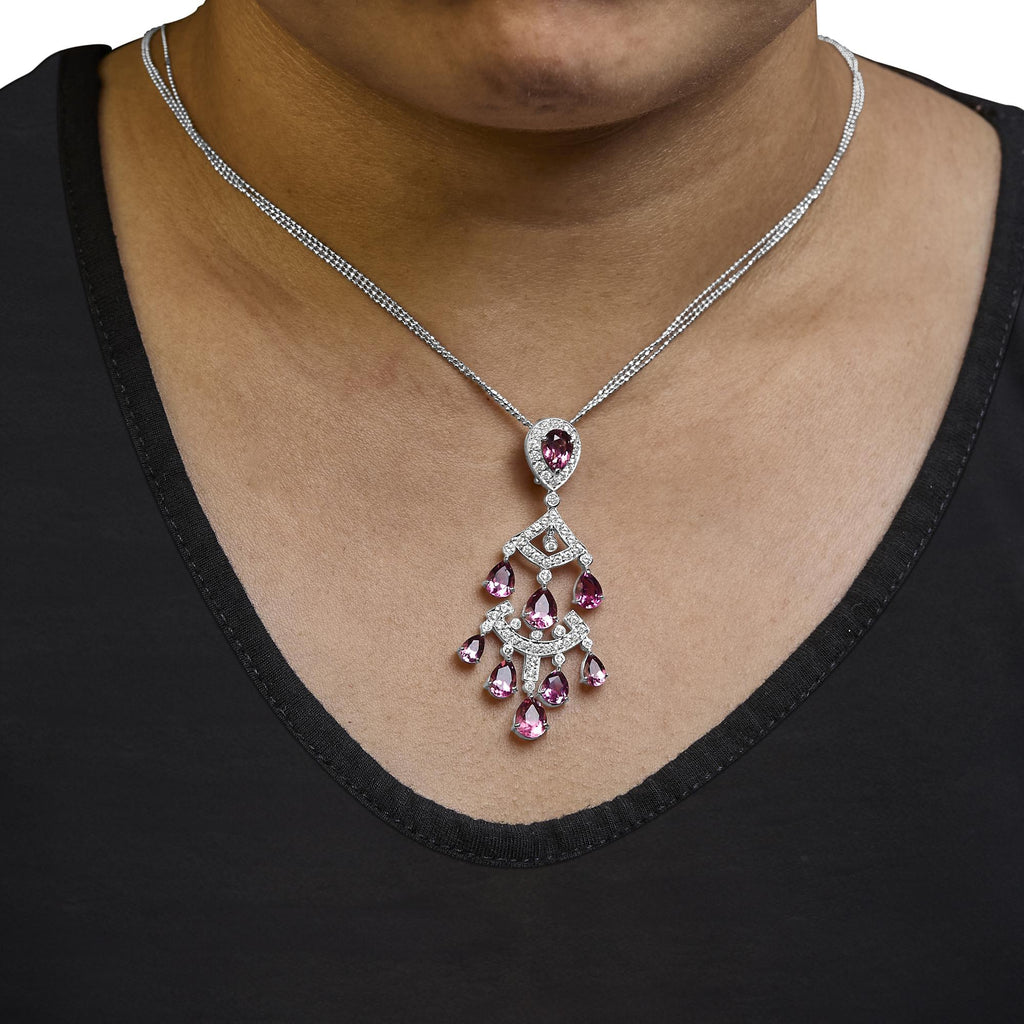 18K White Gold 1 1/10 Cttw Diamond and Pink Tourmaline Double-Strand Art Deco Inspired Chandelier 18" Pendant Necklace (F-G Color, VVS2-VS1 Clarity)-3