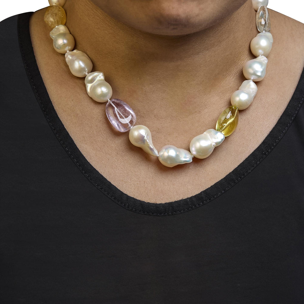 14K Yellow Gold Citrine, Amethyst, and Baroque Pearl Strand Necklace - 18" Inches-3