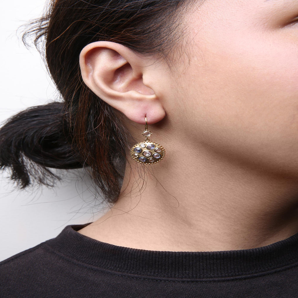 18K Yellow Gold 1 2/3 Cttw Diamond and Blue Sapphire Bezel Set Gemstone Cluster Medallion Dangle Earrings (Brown and G-H Color, SI1-SI2 Clarity)-3