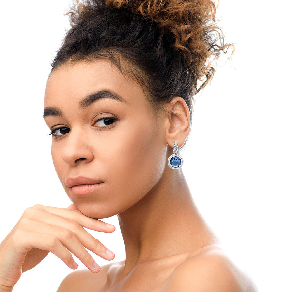 18K White Gold Bezel Set 11mm Blue Topaz and 1/2 Cttw Invisible Set Diamond Bale Dangle Earrings (F-G Color, VS1-VS2 Clarity)-3