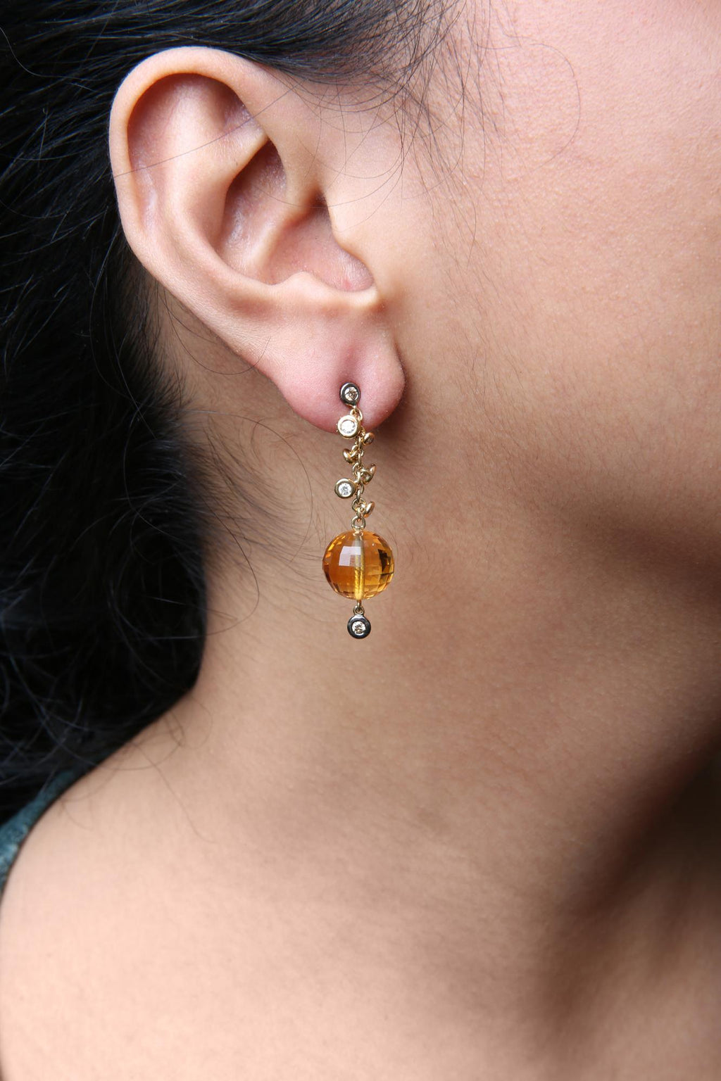 18K Yellow Gold 2/3 Cttw Round Bezel Diamond and 25mm Ball Shaped Yellow Citrine Gemstone Dangle Stud Earring (Brown and G-H Color, SI1-SI2 Clarity)-4
