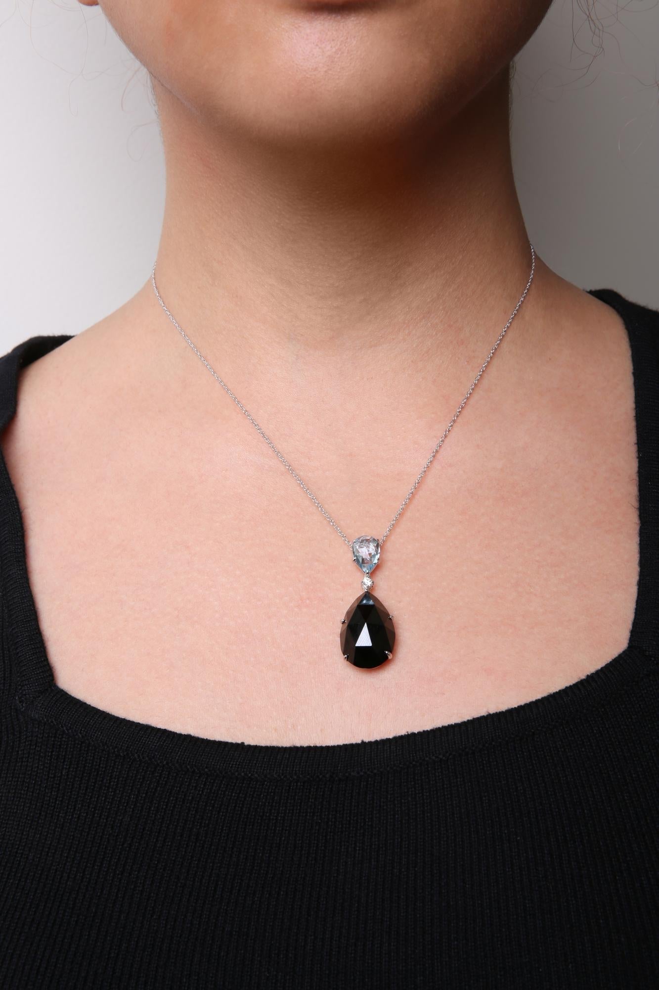 18K White Gold Diamond Accent and Pear Cut Sky Blue Topaz and Pear Cut Black Onyx Dangle Drop 18" Pendant Necklace (G-H Color, SI1-SI2 Clarity)-3