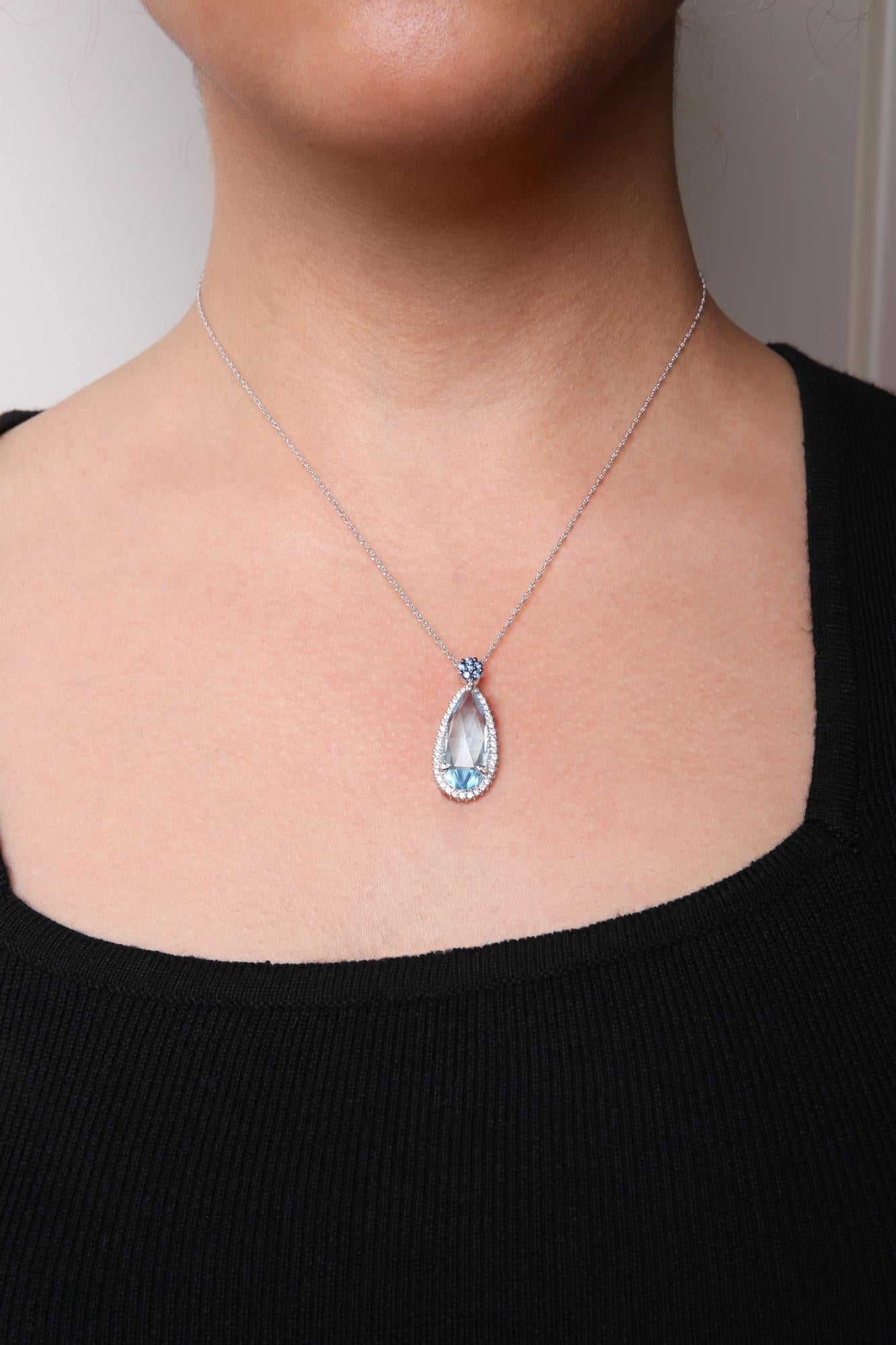 18K White Gold 3/8 Cttw Pave Set Diamond and Sky Blue Topaz and Blue Sapphire Gemstone Floral Teardrop Halo 18" Pendant Necklace (G-H Color, SI2-I1 Clarity)-3