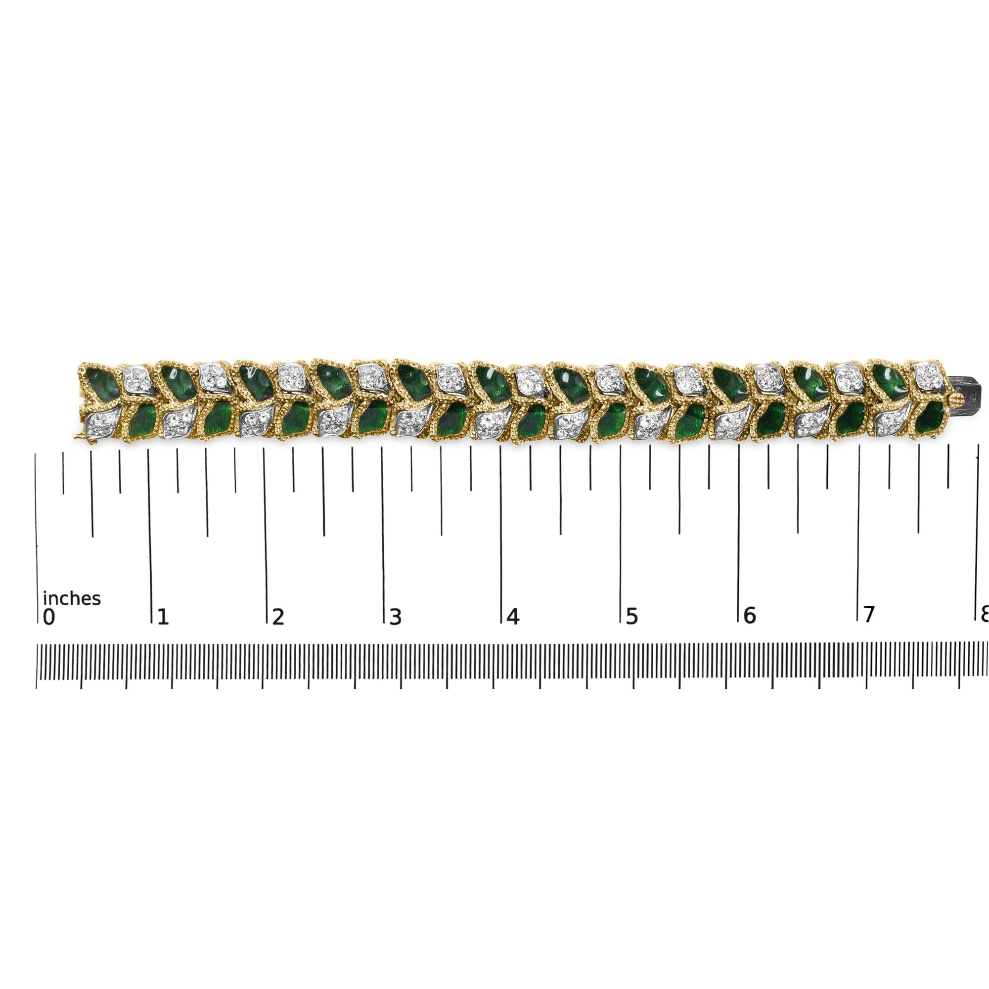 18K Yellow Gold 3 1/4 Cttw Diamond and Green Enamel Gold Textured Bracelet (G-H Color, VS1-VS2 Clarity) - 7" Inches-4