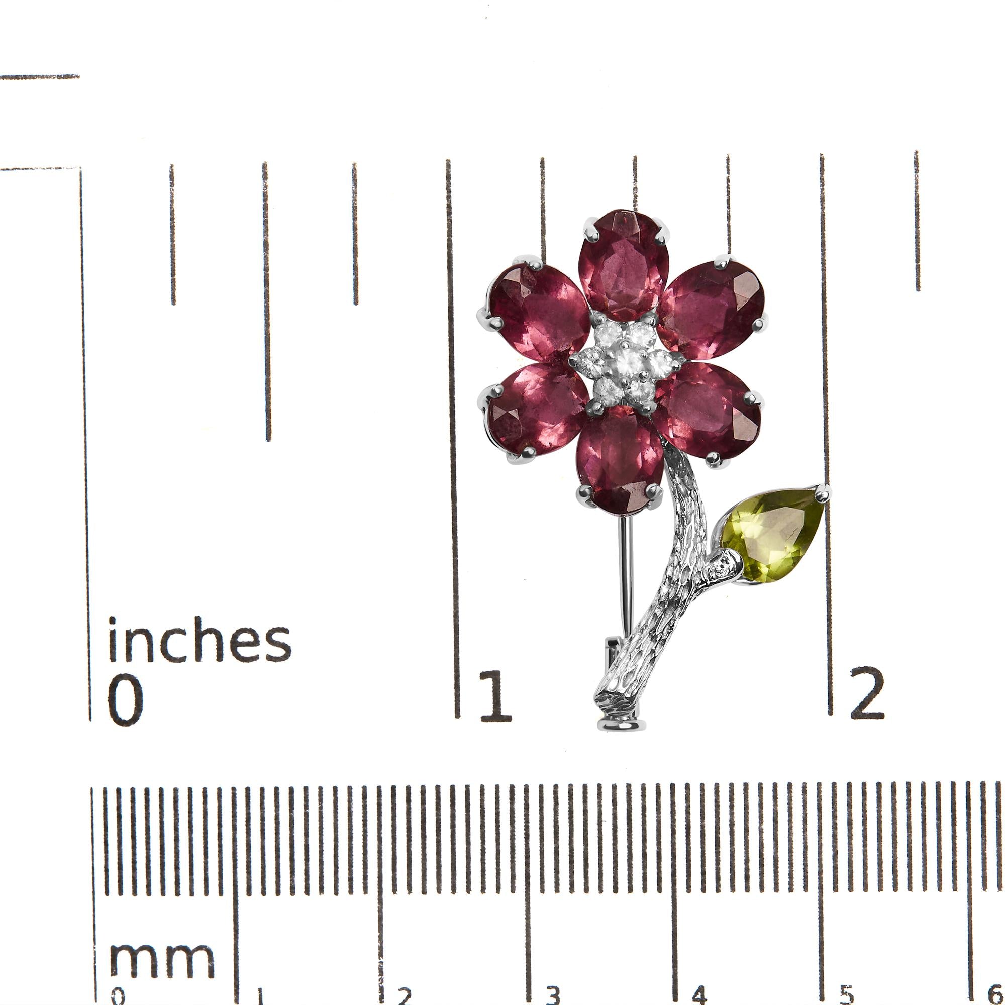 18K White Gold 1/3 Cttw Diamond, Pink Tourmaline, and Green Peridot Flower and Leaf Tulip Brooch Pin (H-I Color, VS2-SI1)-4