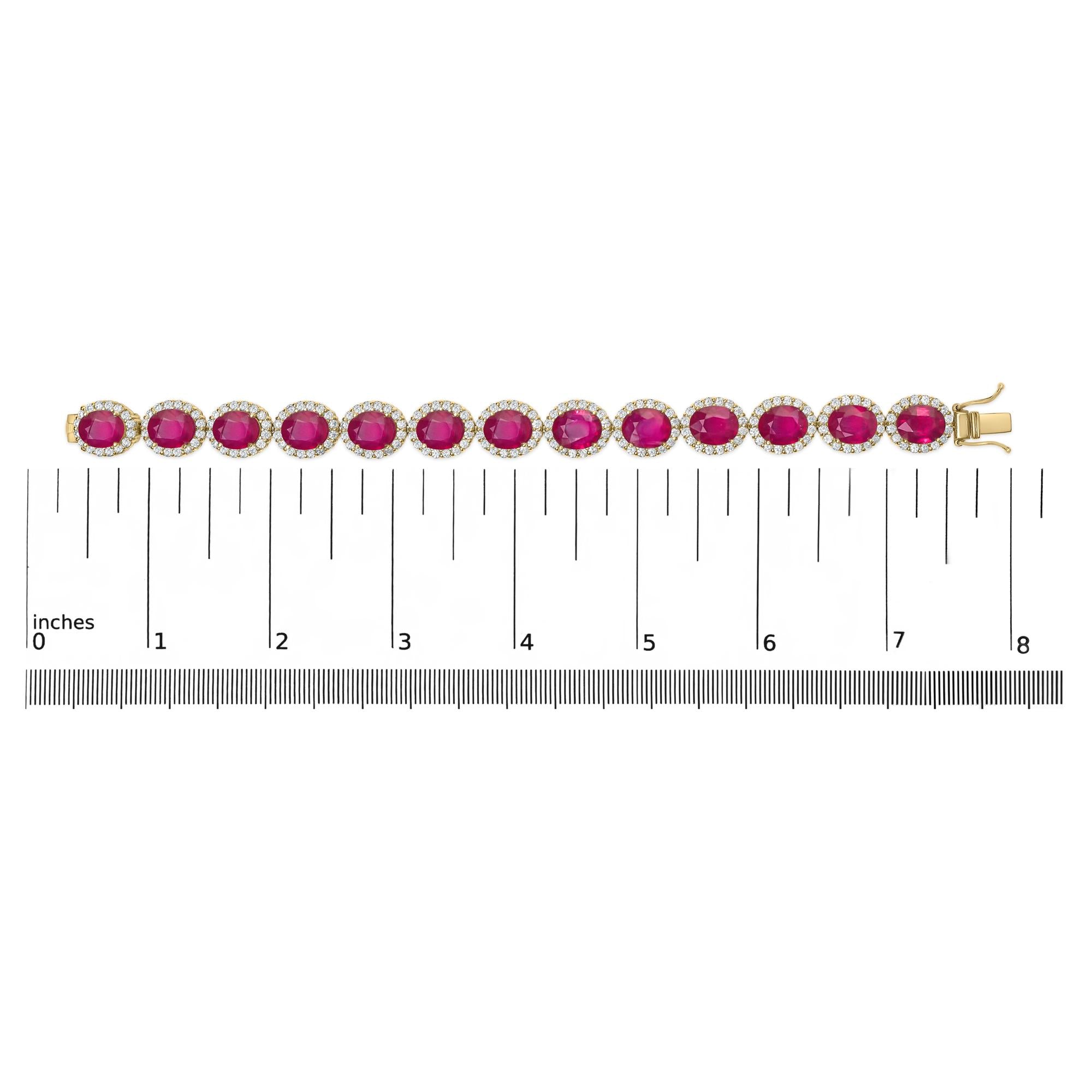 14K Yellow Gold 6 2/5 Cttw Diamond and 34.0 Cttw Oval Red Ruby Halo Link Bracelet (I-J Color, SI1-SI2 Clarity) - 7.25" Inches-4