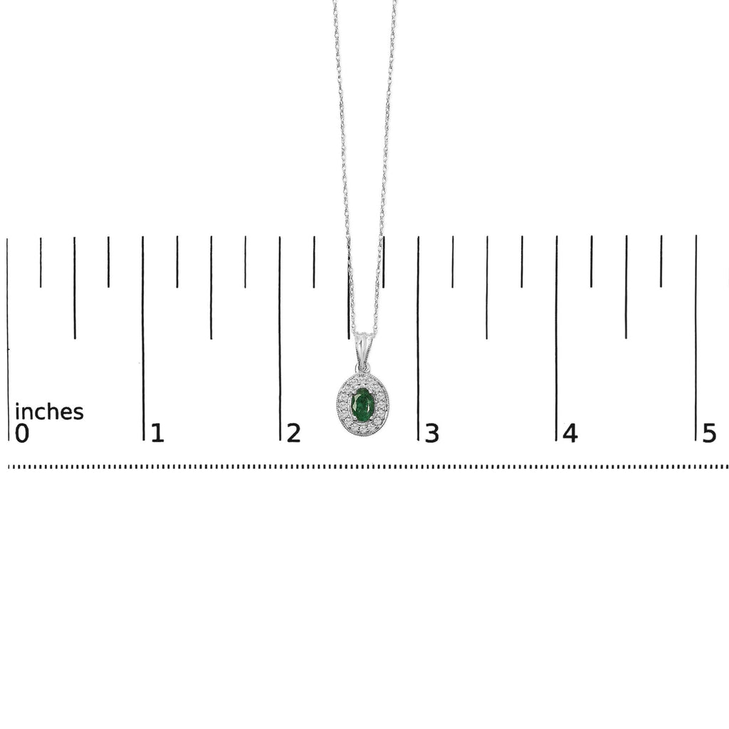 14K White Gold Oval 6x4 MM Green Emerald and Diamond Halo Pendant Necklace - 18 inch-4