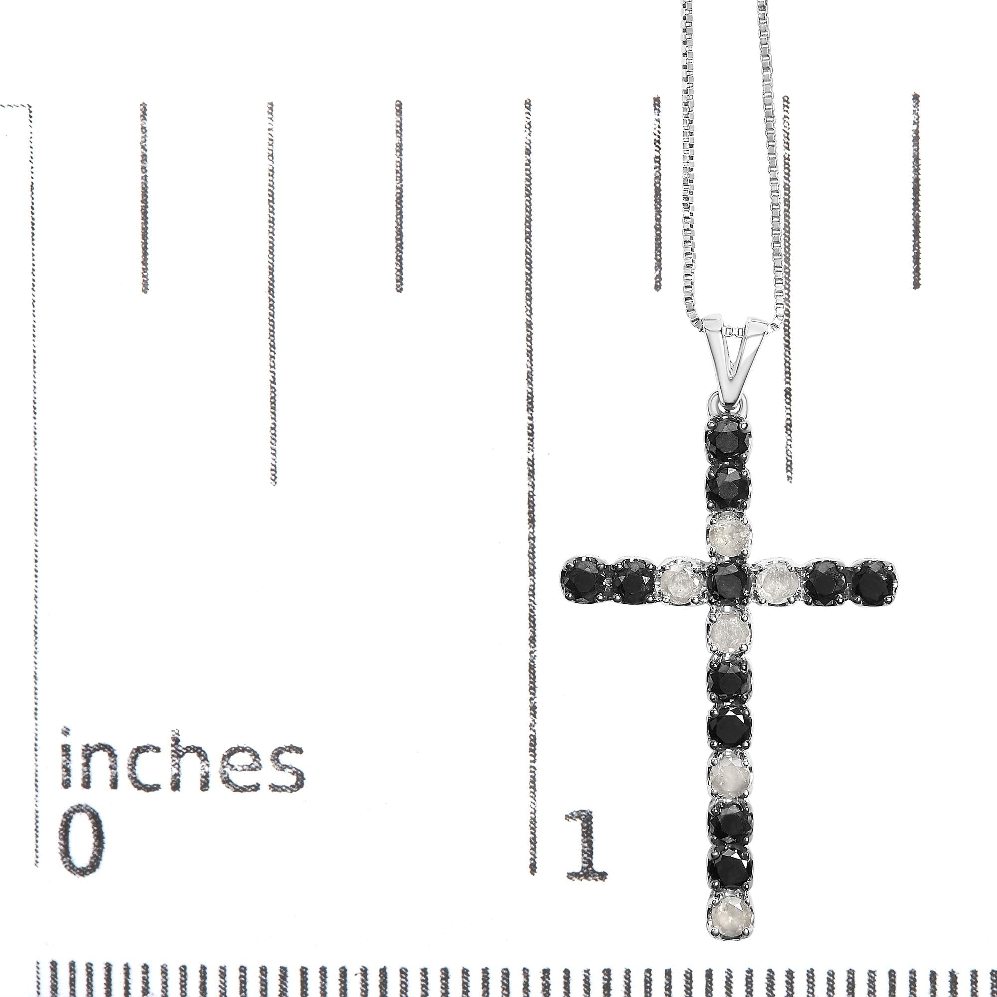 .925 Sterling Silver 2.0 Cttw Prong Set Round Natural Treated Black and White Diamond Cross Pendant Necklace - 18" (Black/H-I Color, I3 Clarity)-4