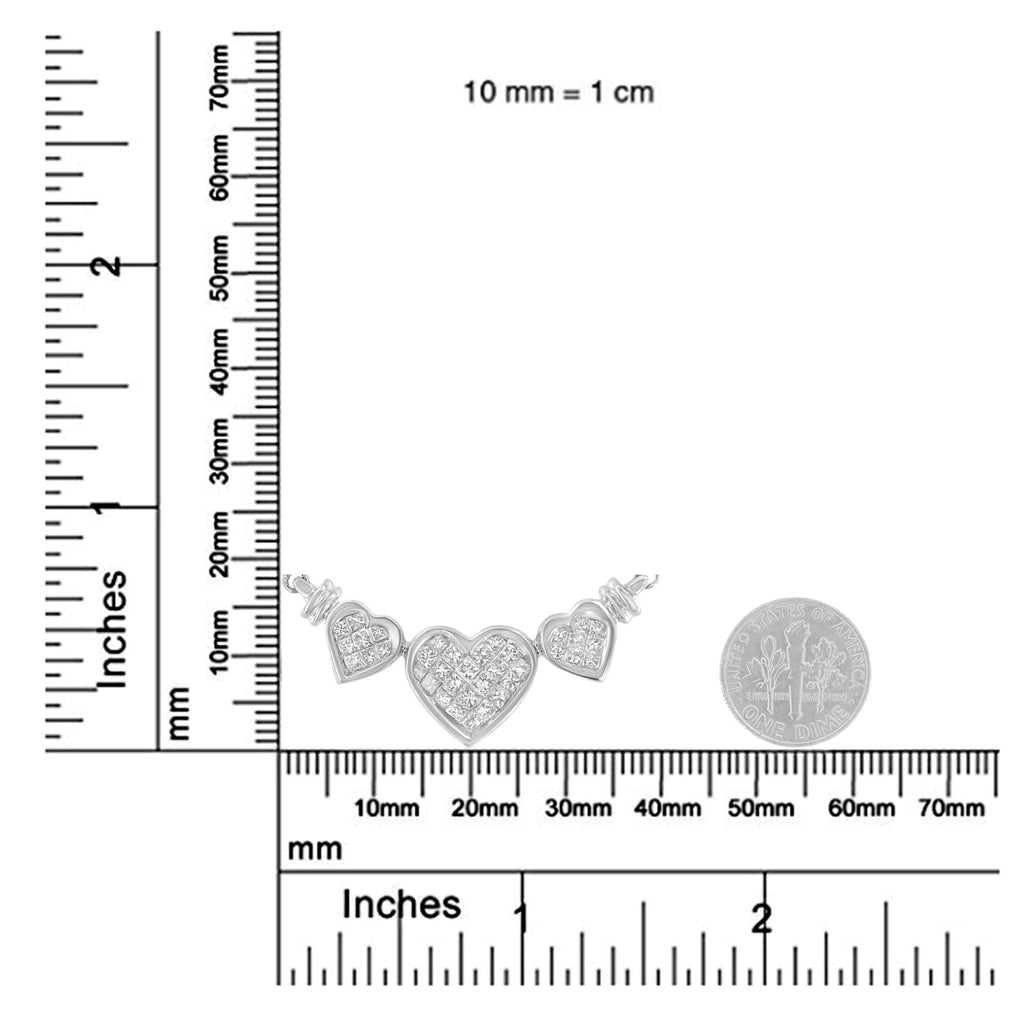 14K White Gold 1.0 Cttw Princess Cut Diamond Three Heart 18" Statement Pendant Necklace (H-I Color, SI2-I1 Clarity)-4