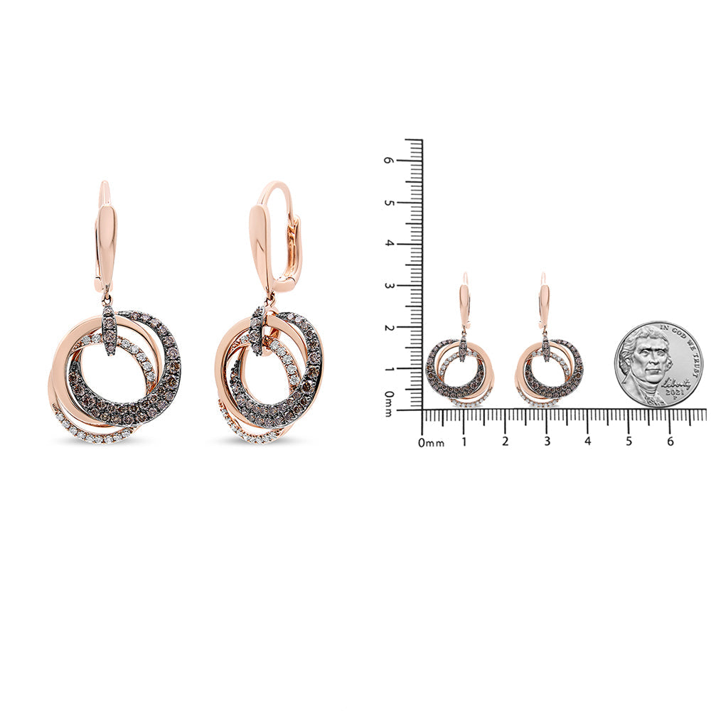 14K Rose Gold 1.00 Cttw White and Brown Diamond Intertwining Hoops and Circle Dangle Earrings (H-I/Brown Color, SI1-SI2 Clarity)-4