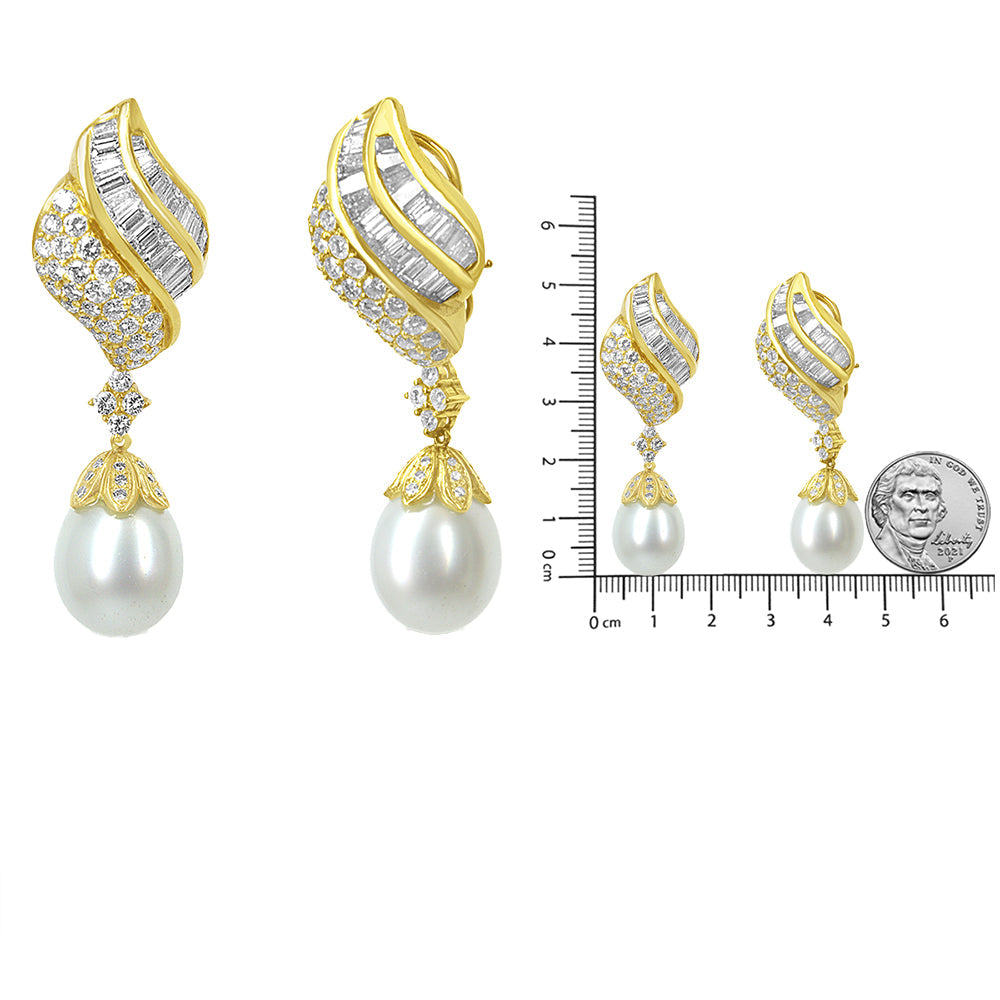 18k Yellow Gold 7.0 Cttw Baguette and Round Diamond South Sea Pearl Drop Dangle Clip-On Earrings (F-G Color, VS1-VS2 Clarity)-4