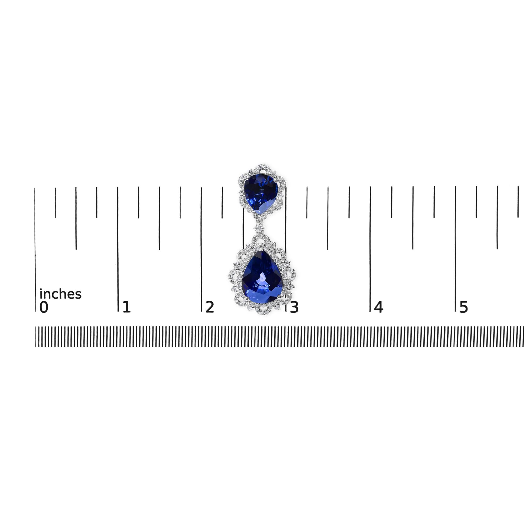 18K White Gold Blue Sapphire and Diamond 2.00 Cttw Diamond Halo Drop and Dangle Earring (G-H Color, SI1-SI2 Clarity)-4